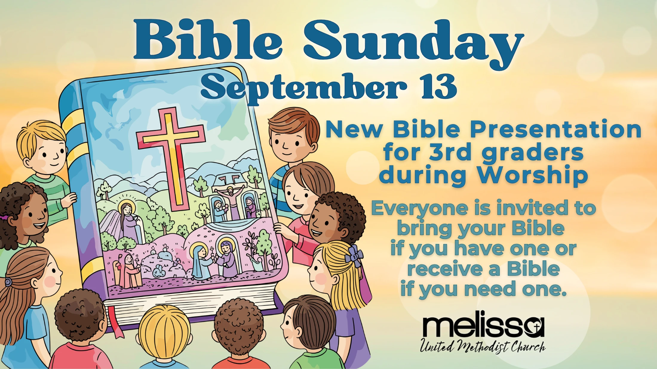 An illustration of diverse children gathered around a large, open Bible. The text announces "Bible Sunday September 13" for 3rd graders.