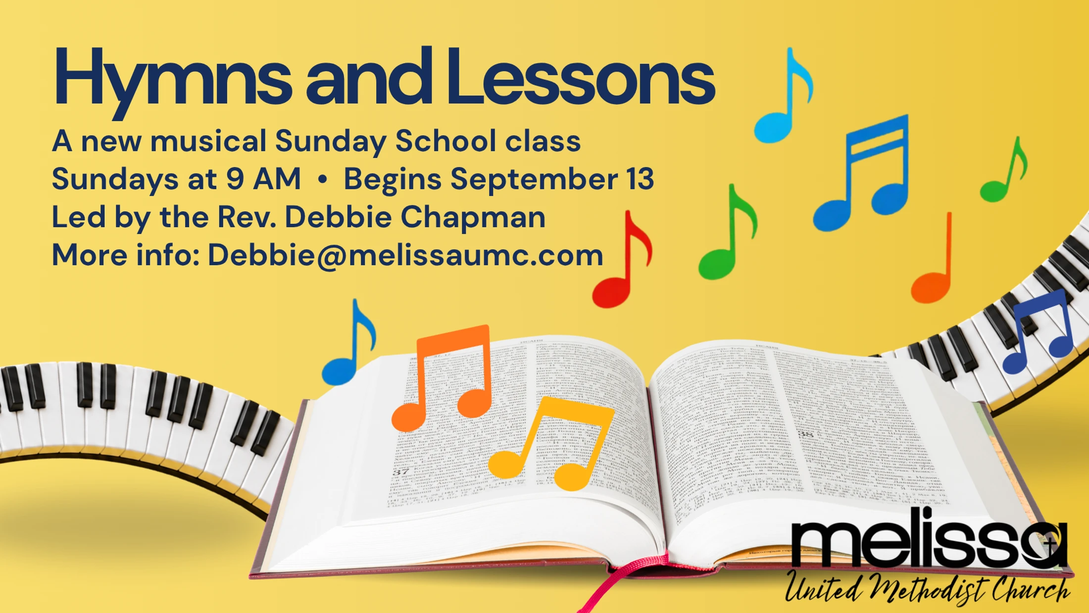A promotional graphic for a Hymns and Lessons class, with an open book and piano keys surrounded by colorful musical notes on a yellow background.