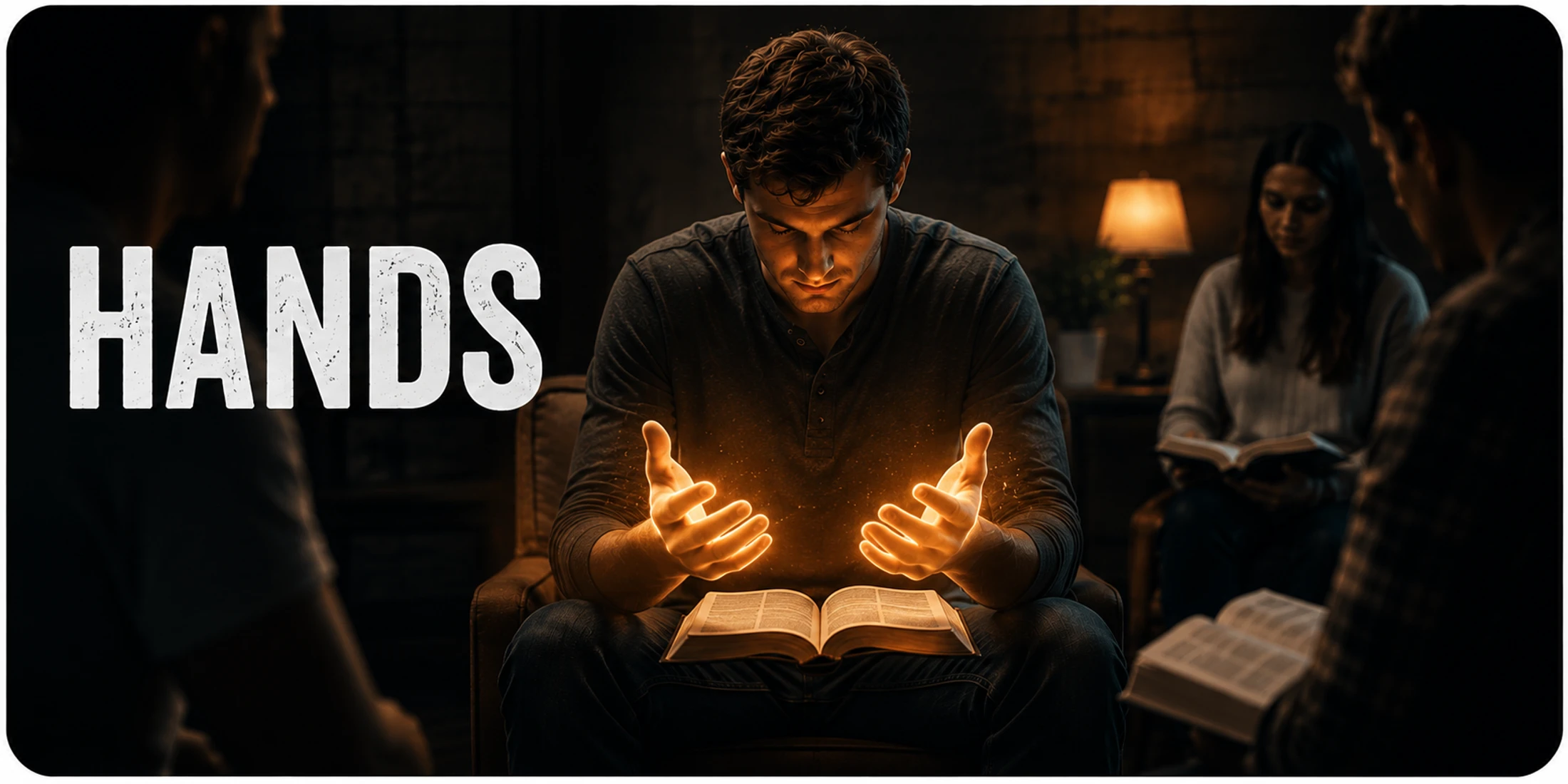 In a dimly lit room, a man's hands glow with golden light over an open Bible during a group study, with the word 'HANDS' displayed on the left.