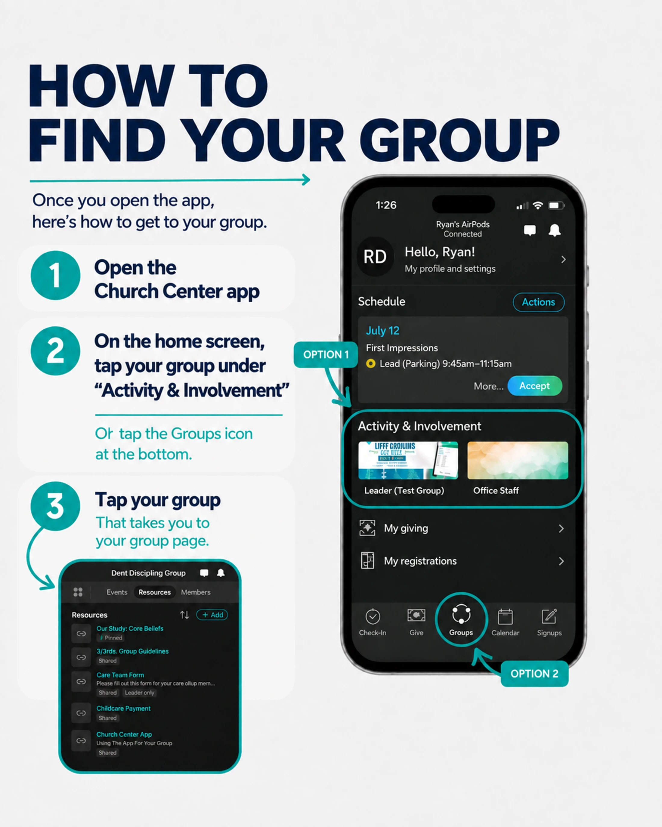 An infographic with three steps showing how to find your group in the Church Center app, using screenshots to guide the user through the process.