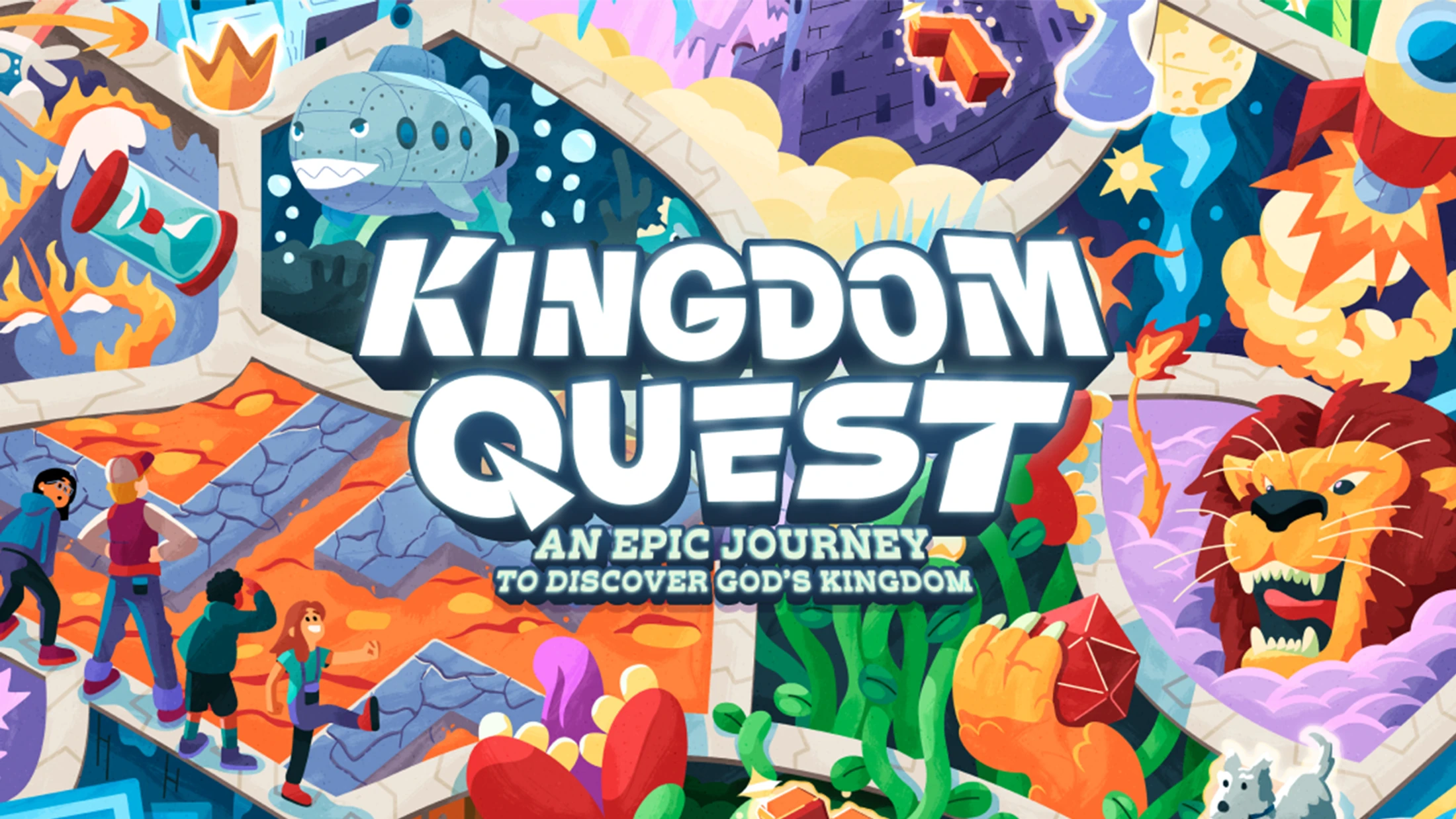 A colorful cartoon graphic for "Kingdom Quest" showing kids on an adventure through scenes with a rocket, a lion, a submarine, and a path over lava.