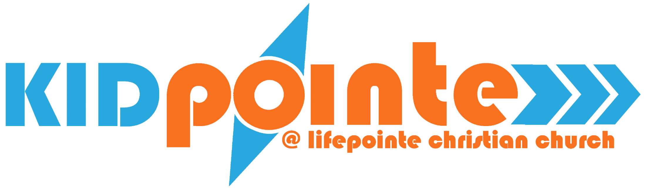 The logo for Kidpointe, the children's ministry at Lifepointe Christian Church. The text is in blue and orange with arrow graphics.