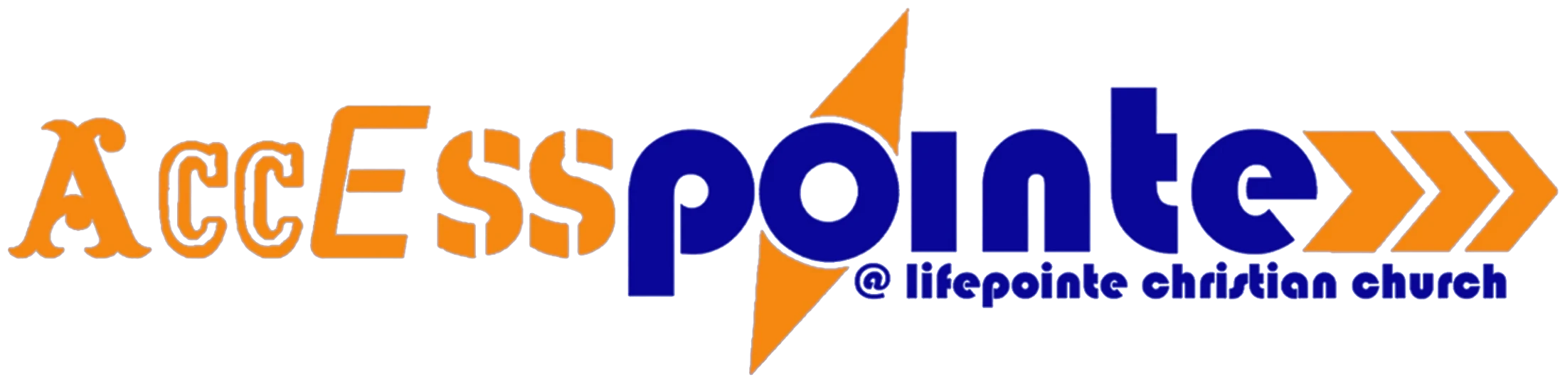 The logo for AccEsspointe, with 'Access' in orange stylized letters and 'pointe' in bold blue letters, over '@ lifepointe christian church'.