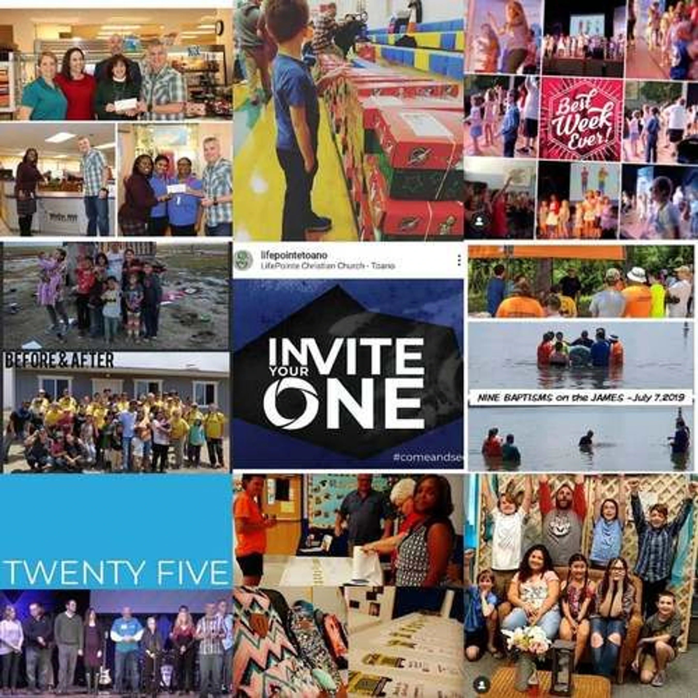 A photo collage of LifePointe Christian Church events, including baptisms in a river, volunteer work, charity drives, and group gatherings.