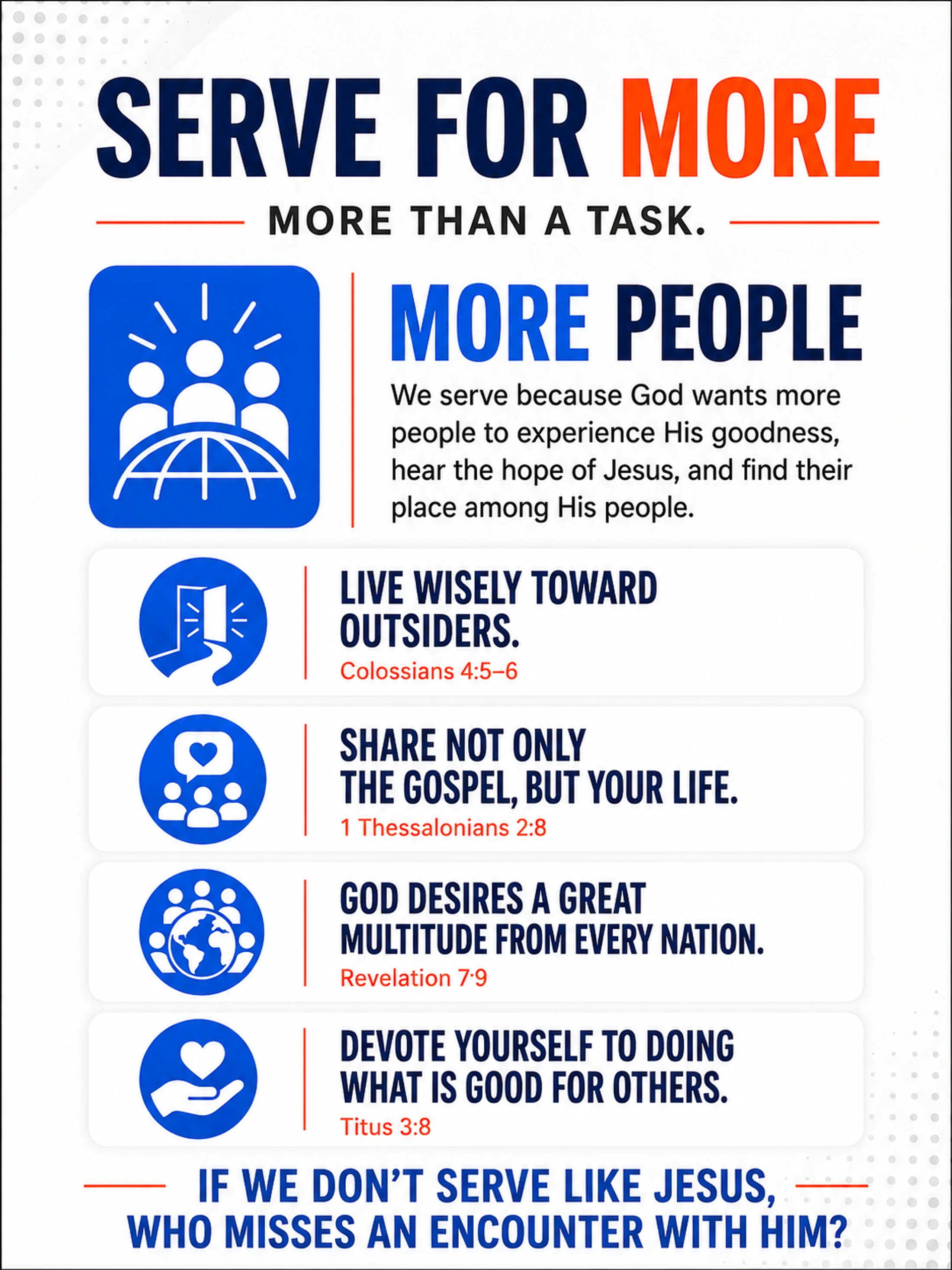 A Christian infographic titled 'Serve For More' lists reasons to serve, like 'Live wisely toward outsiders,' each with a corresponding Bible verse.