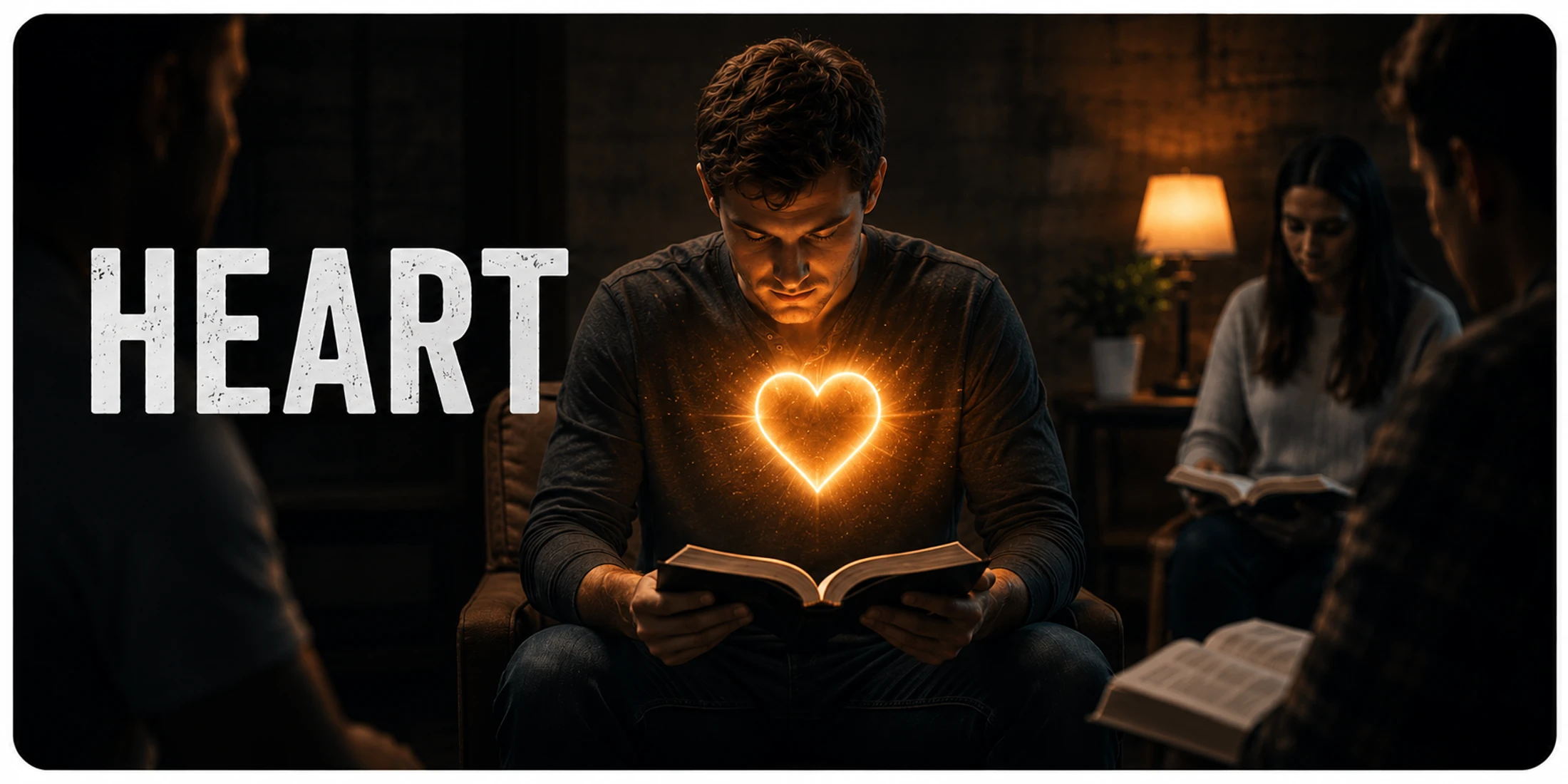 A man reads a book in a group study, and a glowing heart symbol shines from his chest. The word HEART is written in large letters on the left.