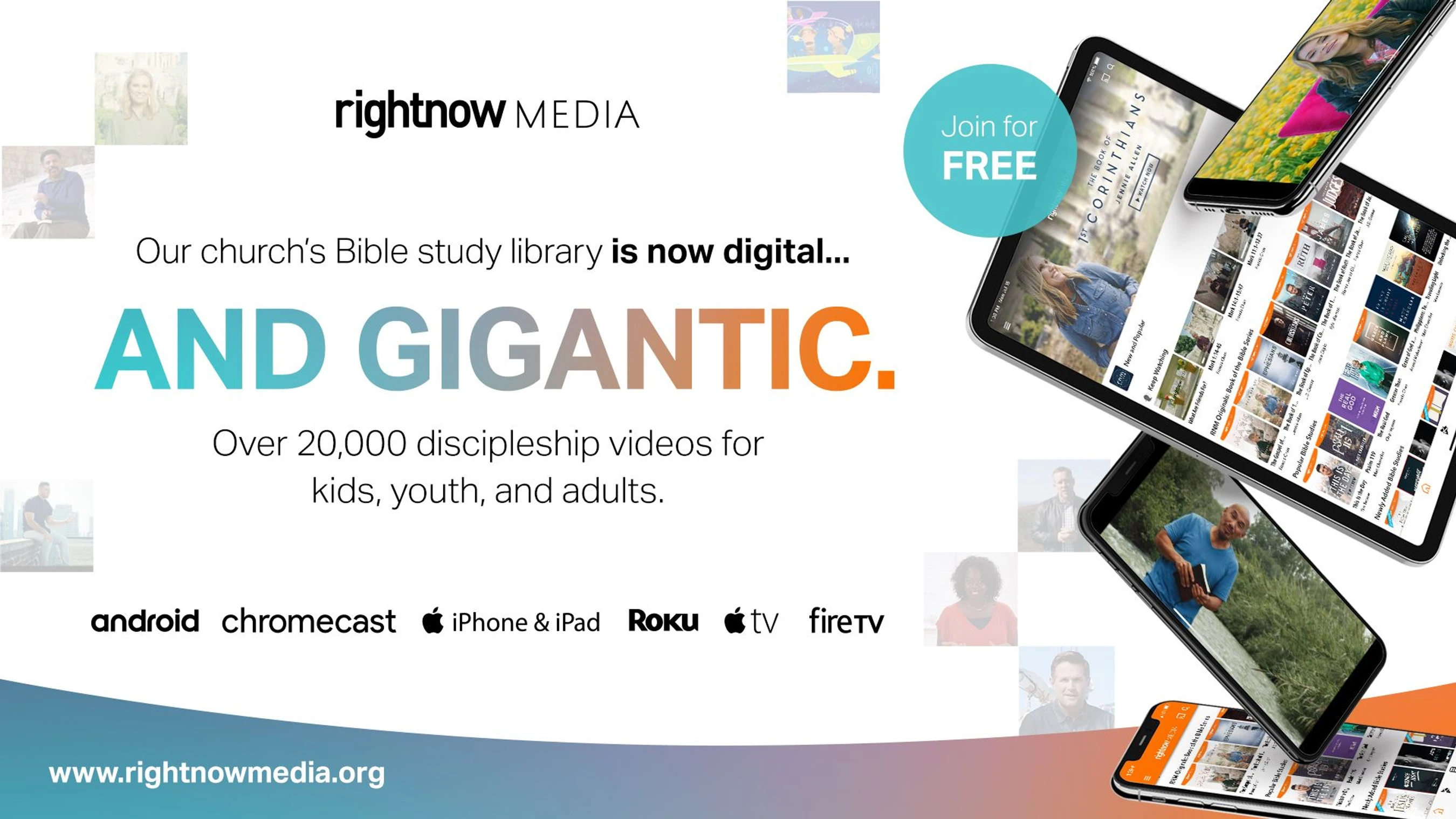 Ad for RightNow Media with its app on phones and tablets. Text reads "Our church's Bible study library is now digital... AND GIGANTIC."