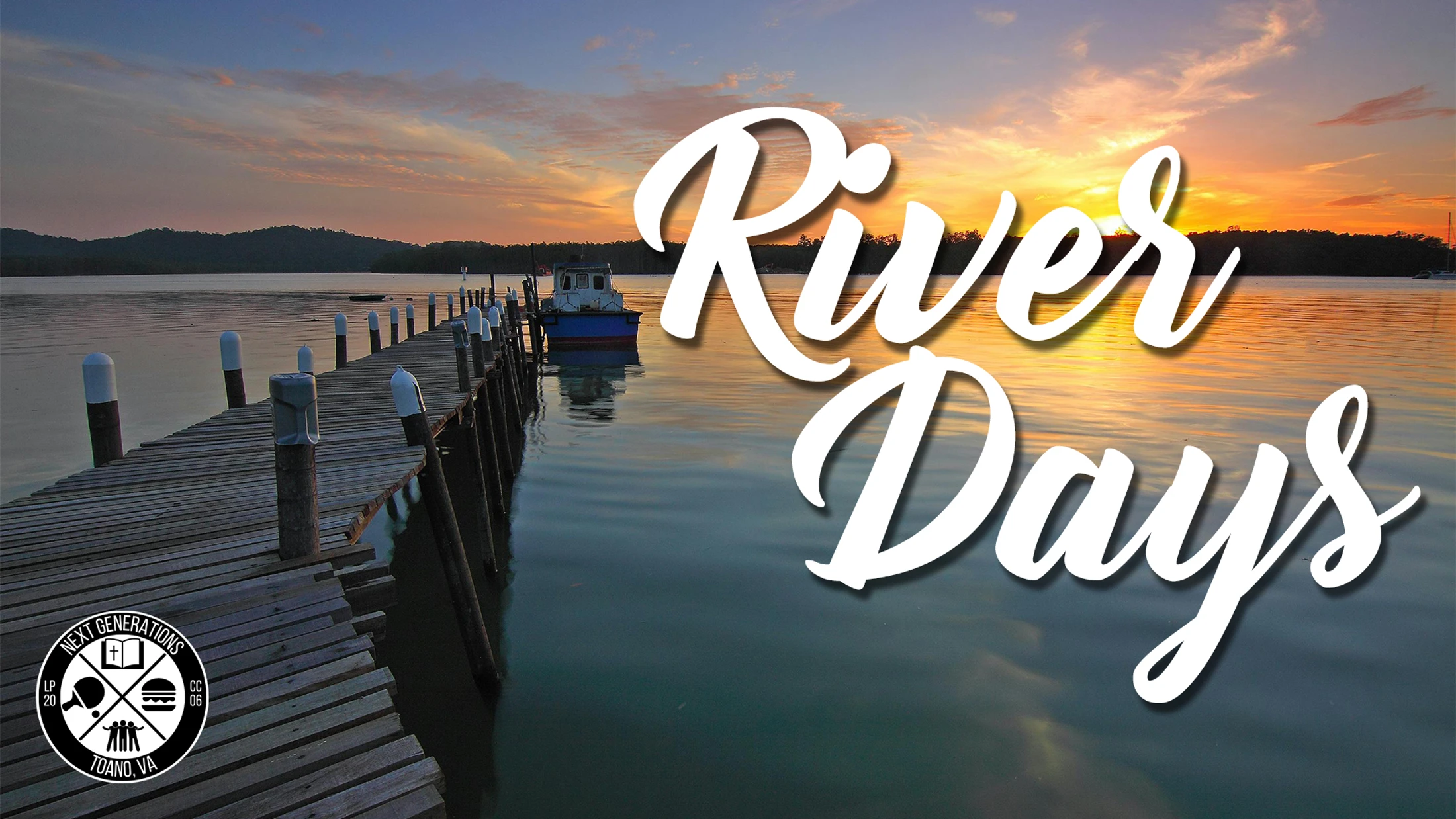 A wooden pier extends over calm water during a colorful sunset. The words "River Days" are written in large white script over the image.