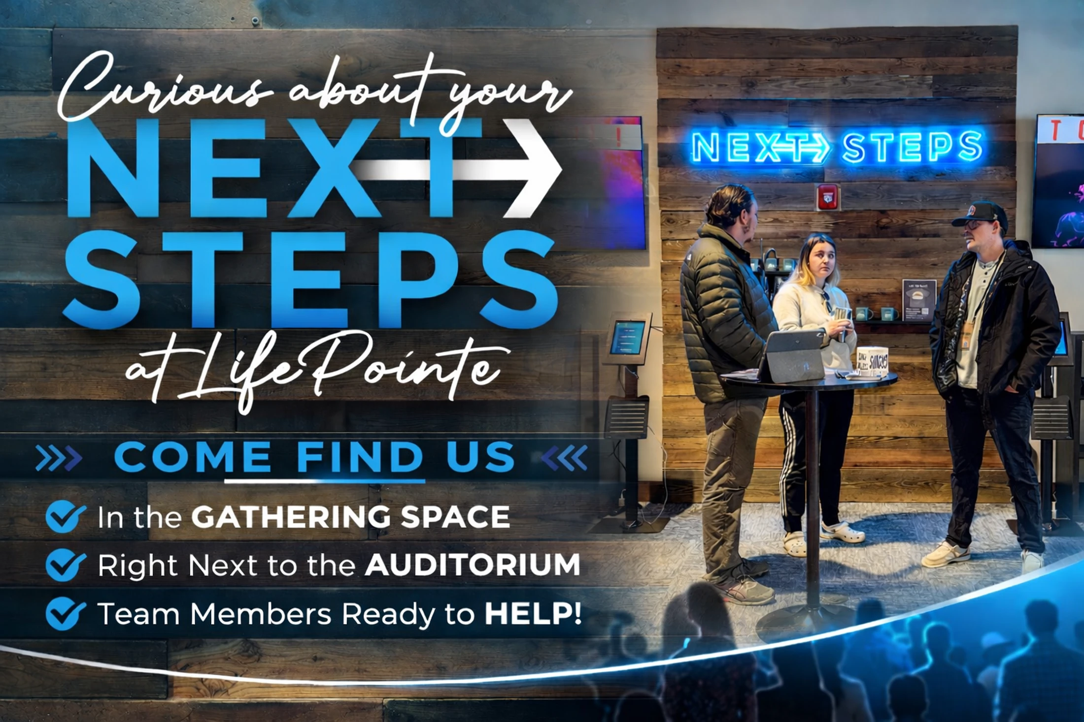 A promotional graphic for LifePointe's Next Steps program, showing three people talking with a team member near a blue neon sign.