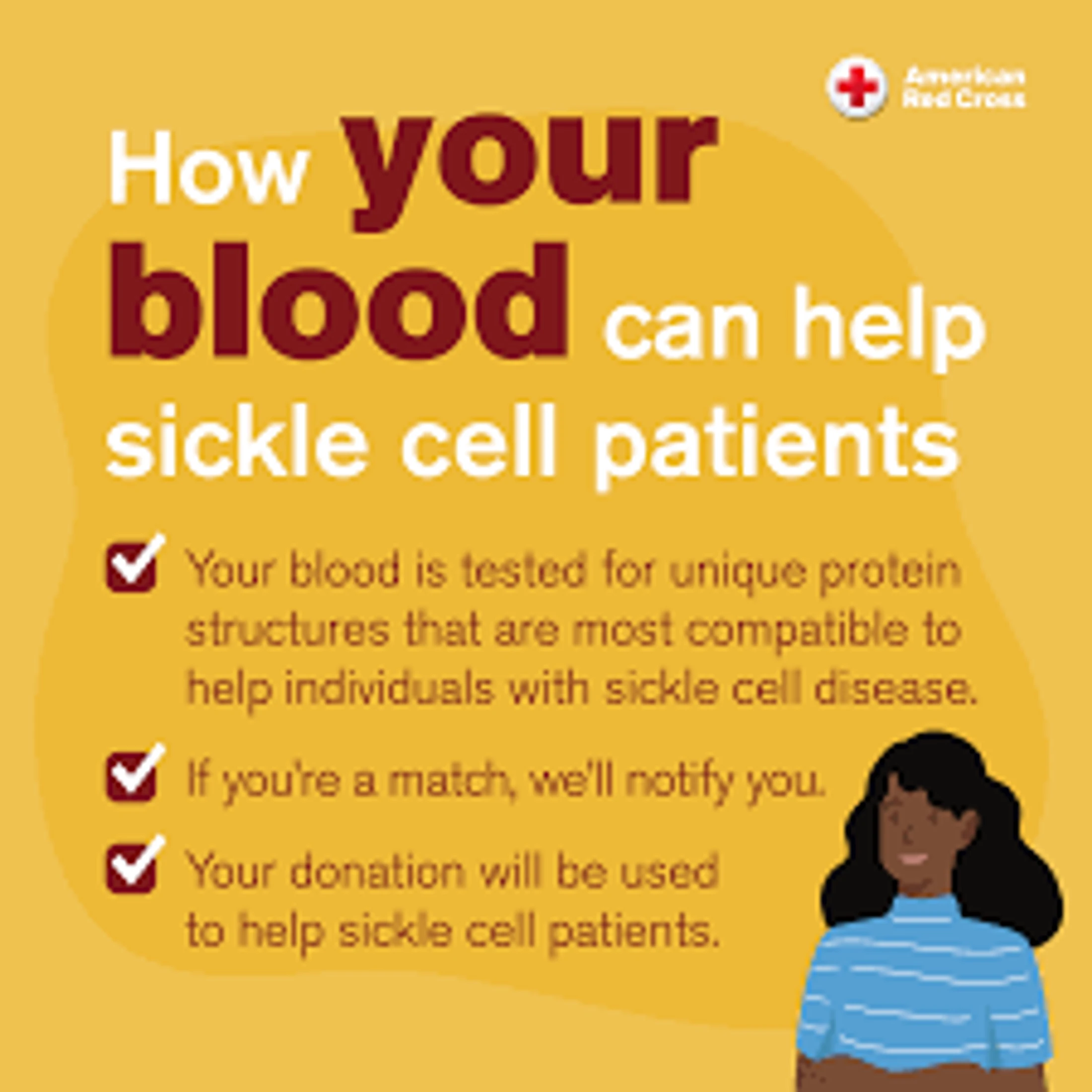 An American Red Cross infographic explaining how blood donations can help sickle cell patients, with a checklist and an illustration of a Black woman.