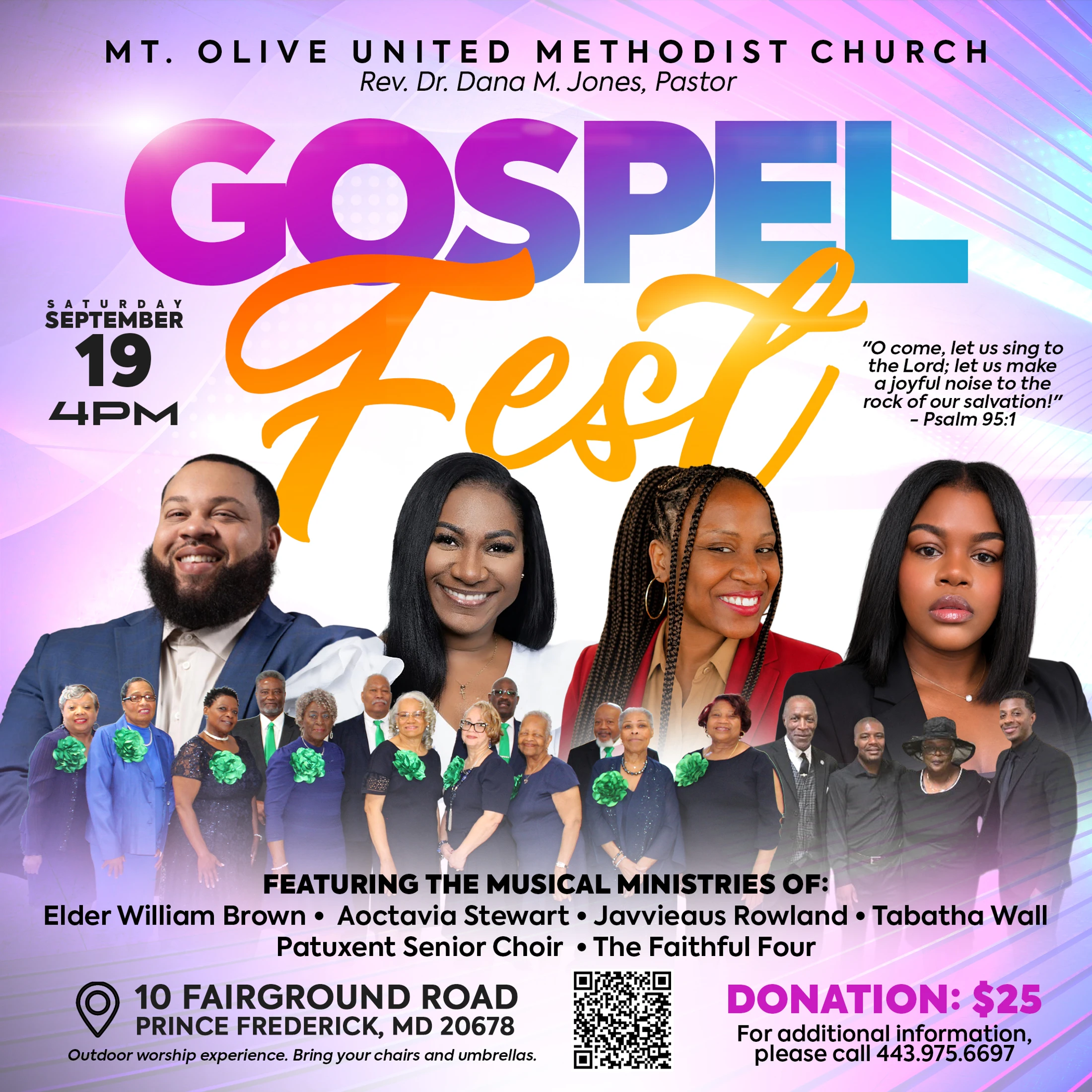 Promotional flyer for Gospel Fest at Mt. Olive United Methodist Church, featuring photos of performers, event details, location, and donation information.