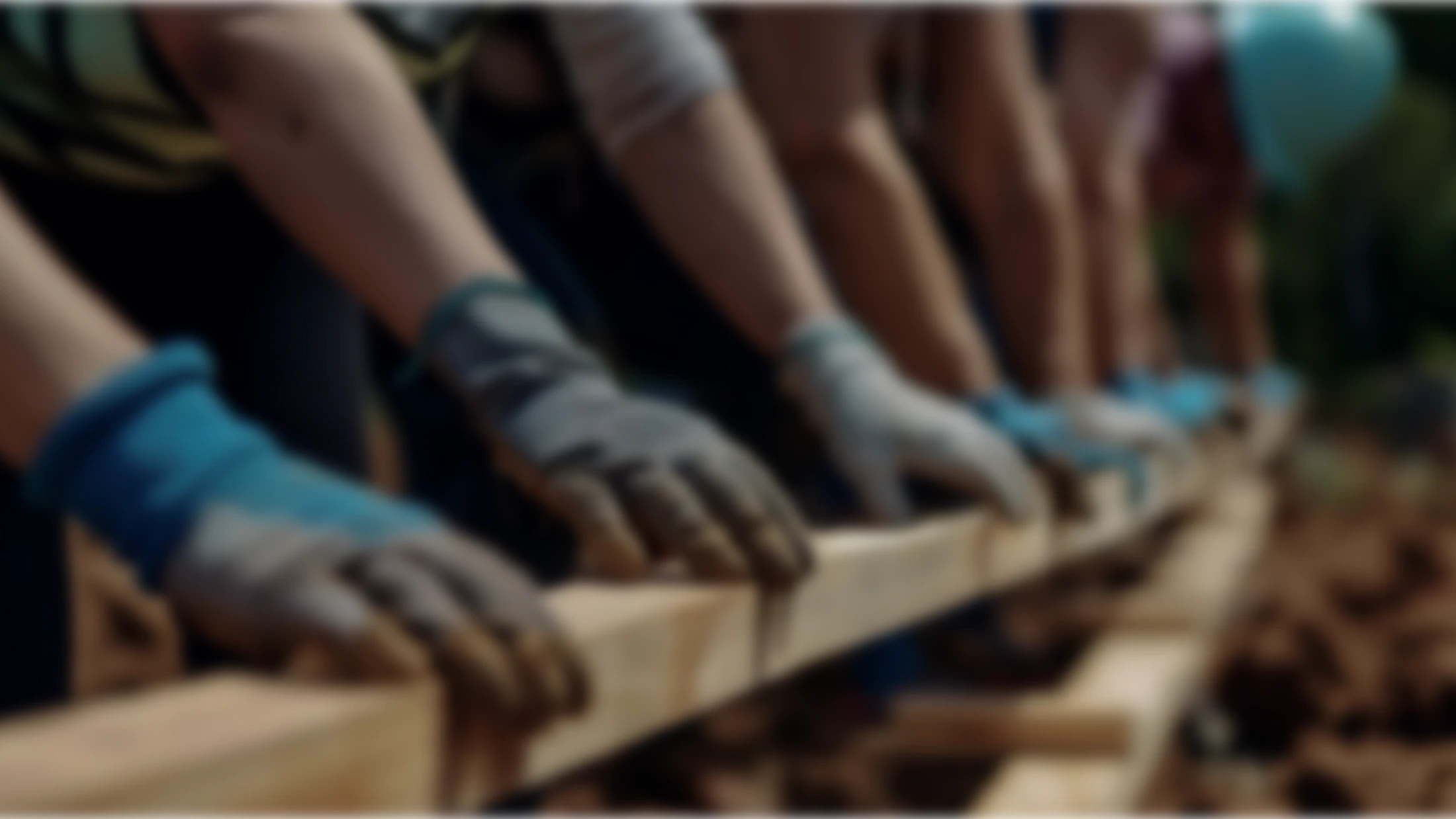 A blurry, close-up shot of a line of people's hands in work gloves, all resting on a wooden beam, symbolizing teamwork and collective effort.