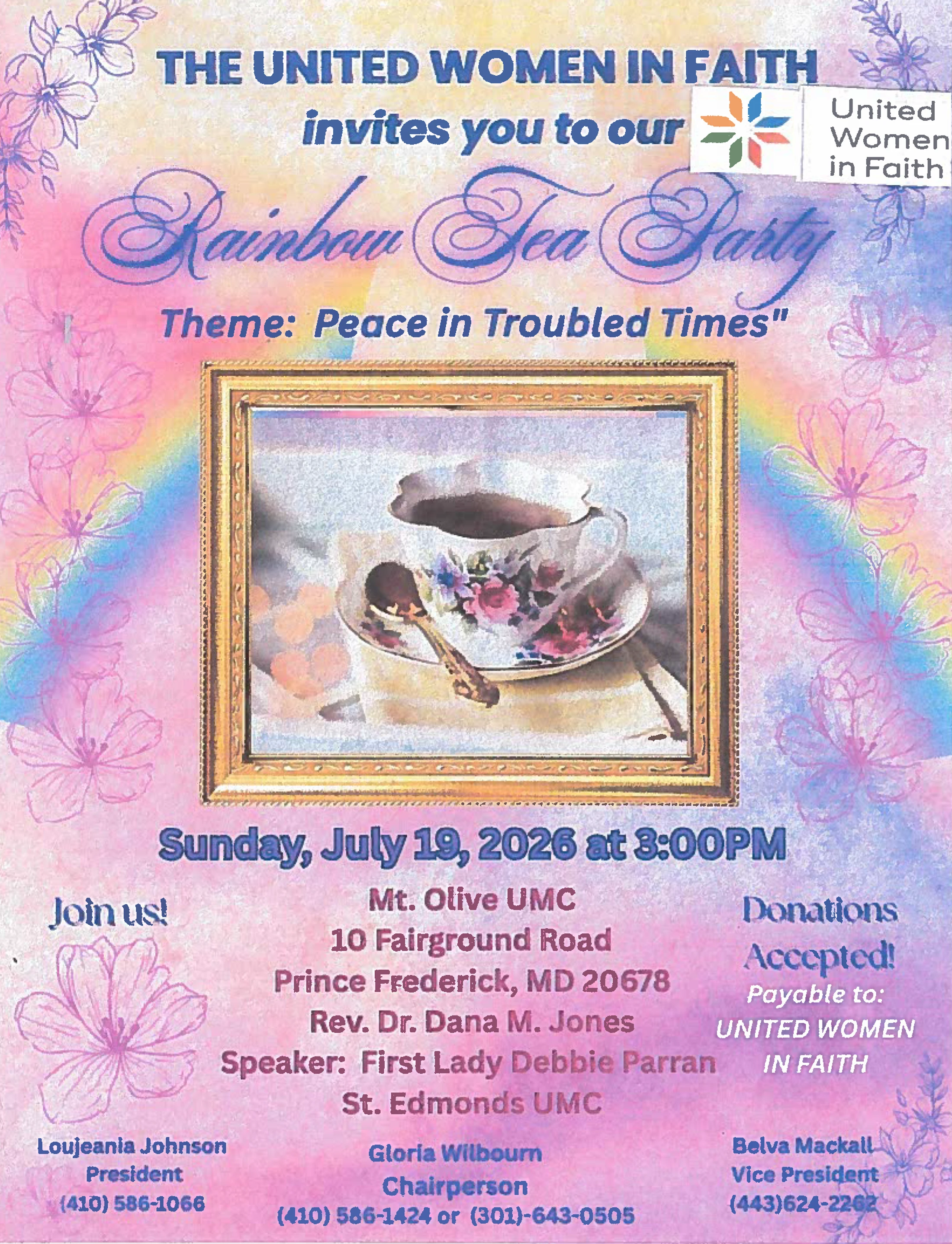 A flyer for the United Women in Faith's Rainbow Tea Party on July 19, 2026. The flyer has a pastel rainbow background, floral illustrations, and event details.