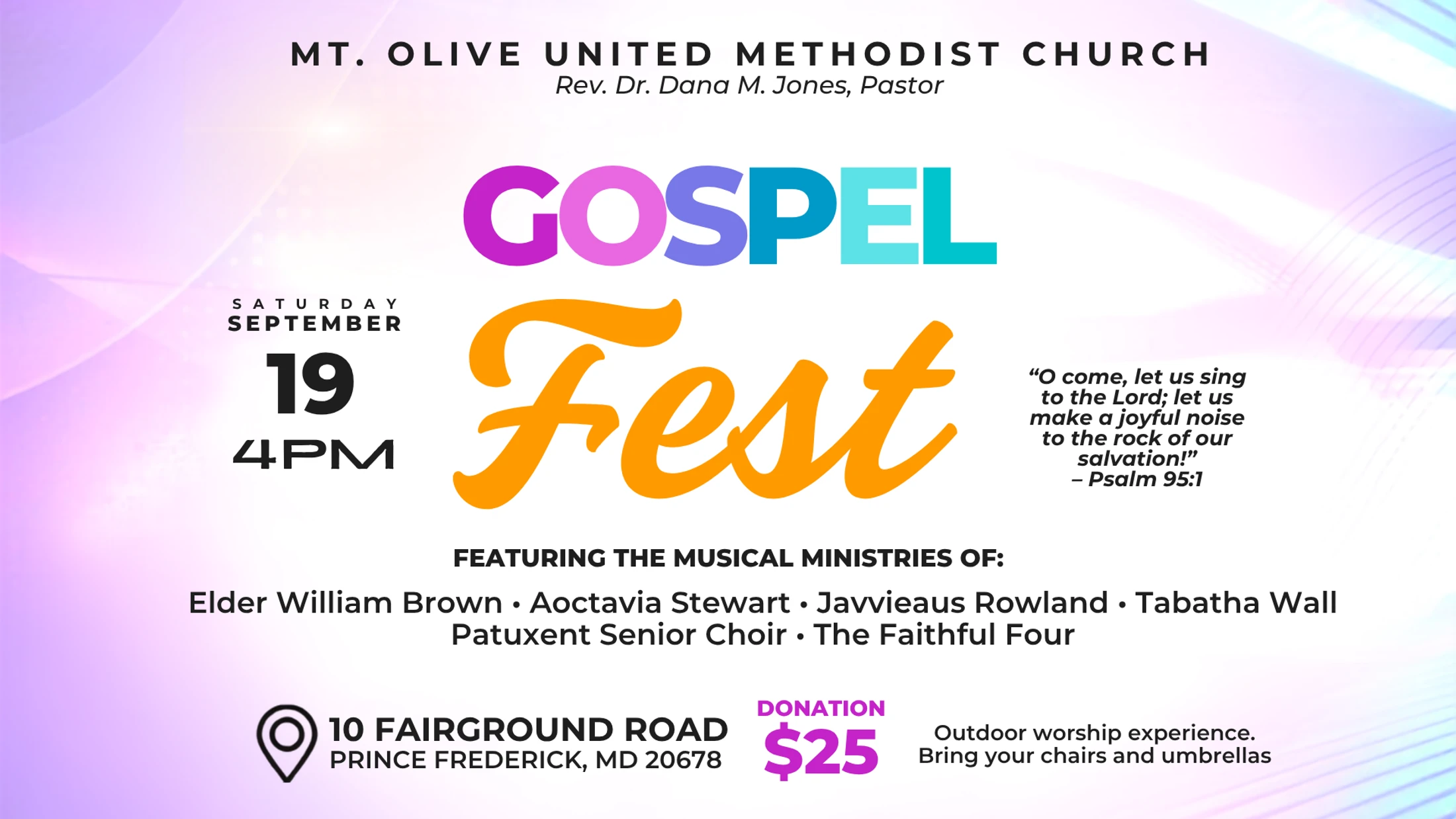 Flyer for Gospel Fest on Saturday, September 19 at 4 PM, hosted by Mt. Olive United Methodist Church. Features musical guests and a $25 donation.
