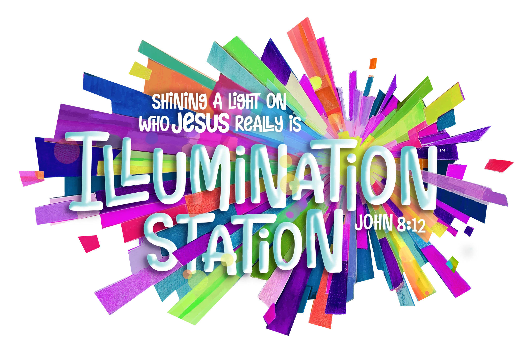 A colorful logo for "Illumination Station" with the text "Shining a light on who Jesus really is" and "John 8:12" over a burst of bright, radiating colors.