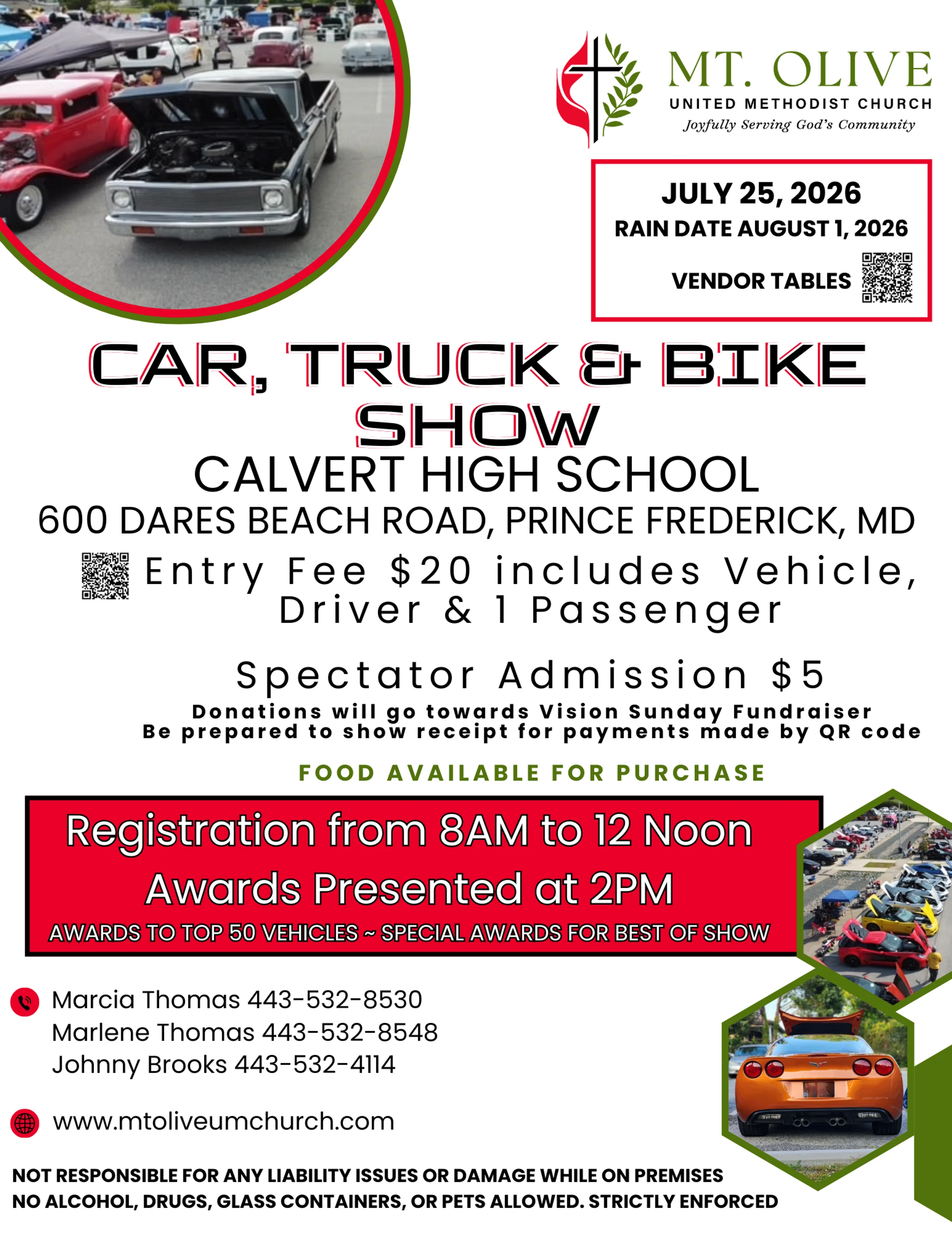 Flyer for the Mt. Olive United Methodist Church Car, Truck & Bike Show on July 25, 2026, at Calvert High School with event details and photos of classic cars.