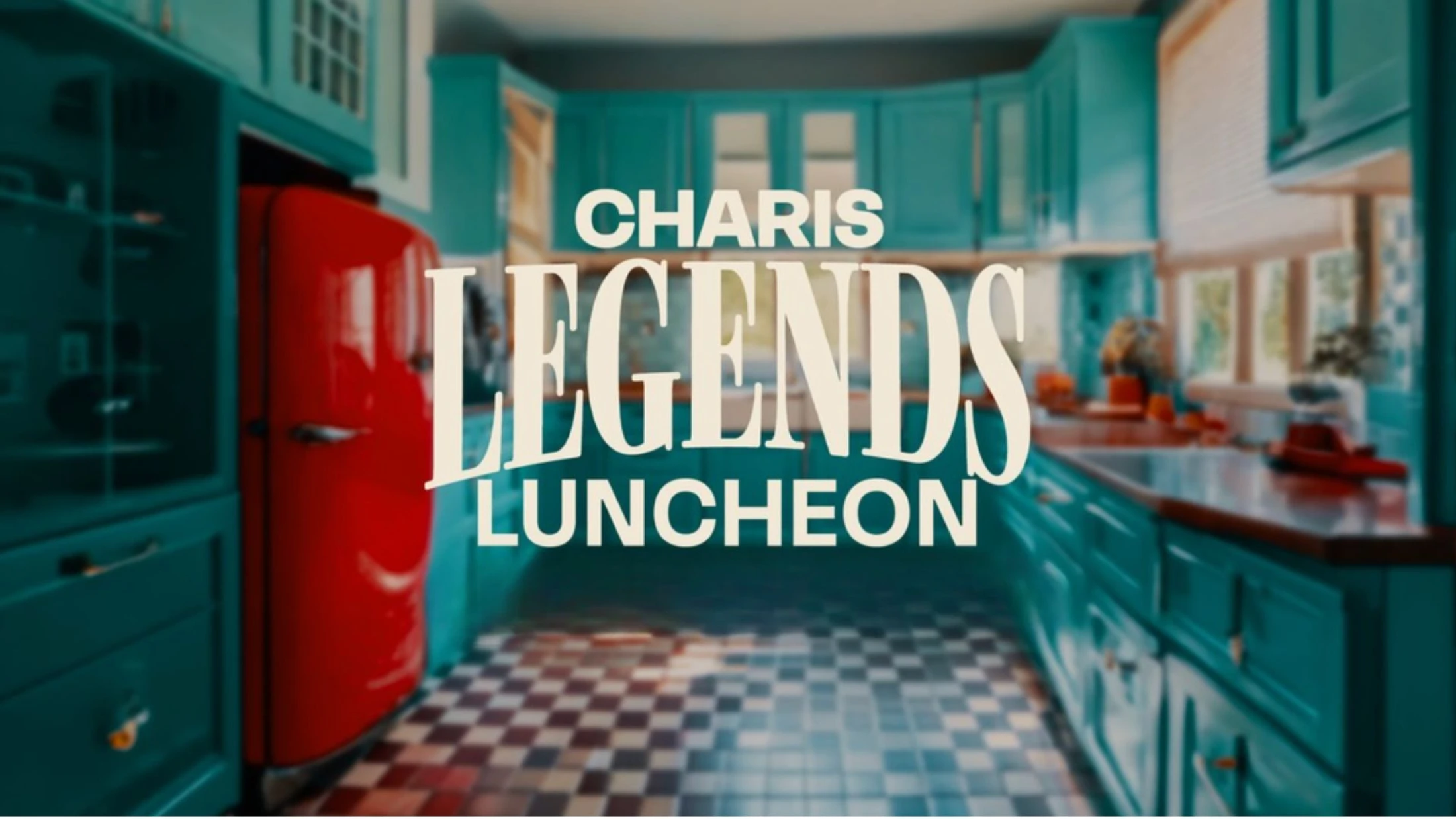 A graphic for the Charis Legends Luncheon with text over a blurred, retro-style kitchen featuring teal cabinets, a red fridge, and a checkered floor.