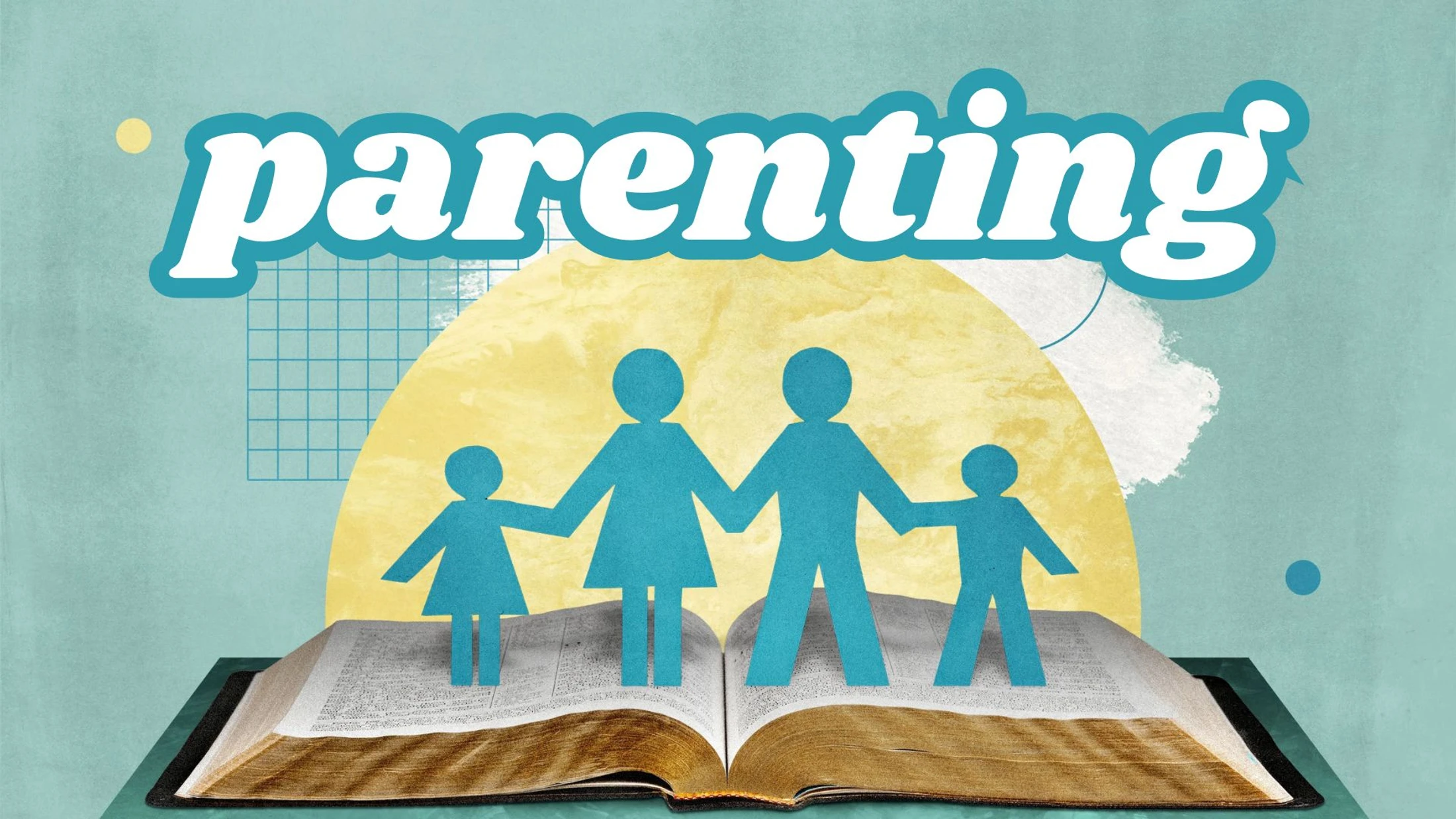 The word 'parenting' above an open Bible where paper cutout figures of a mother, father, and two children are standing and holding hands.