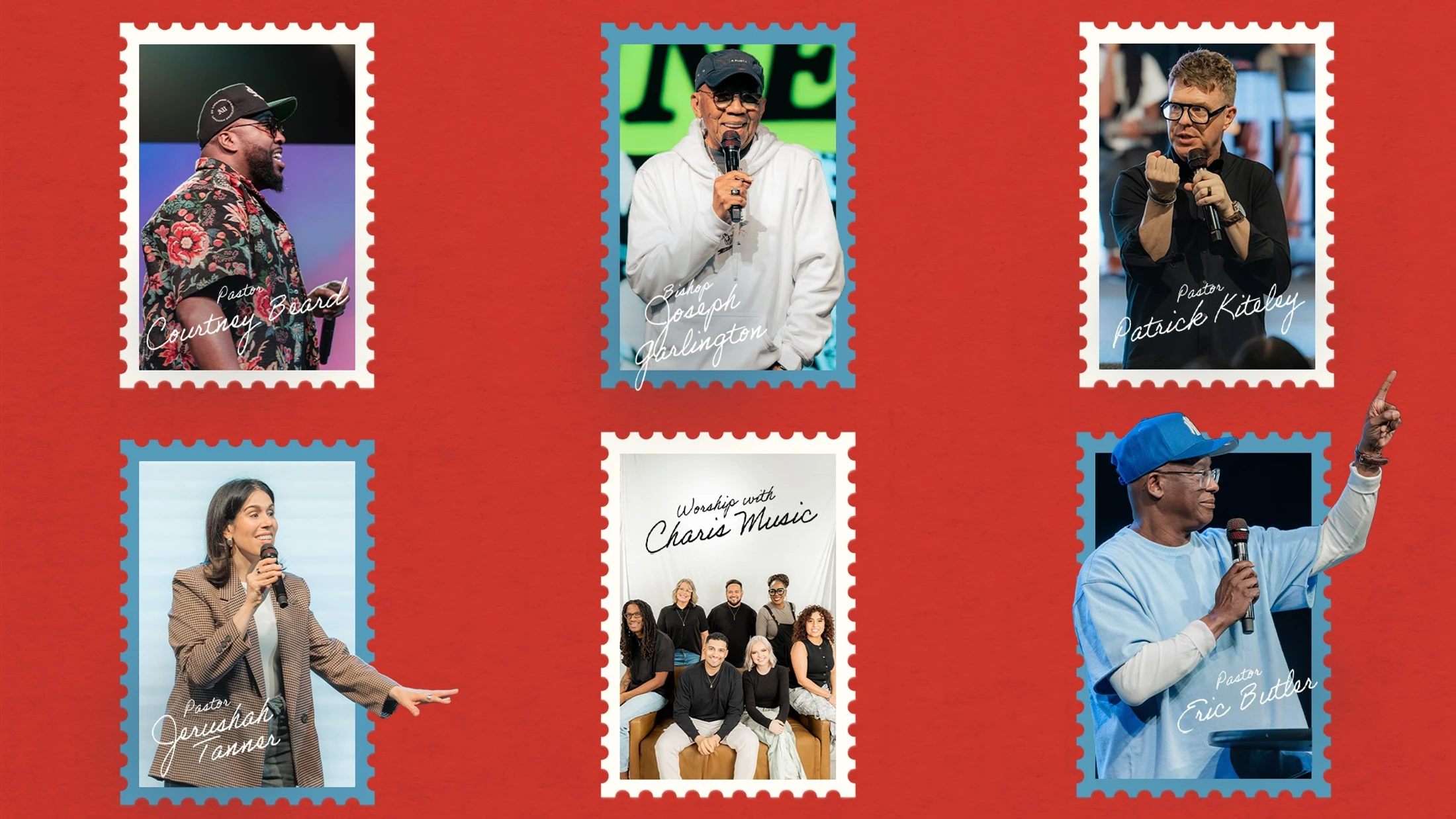 A collage of six photos styled as postage stamps on a red background, featuring five different pastors and a music group, each labeled with their name.