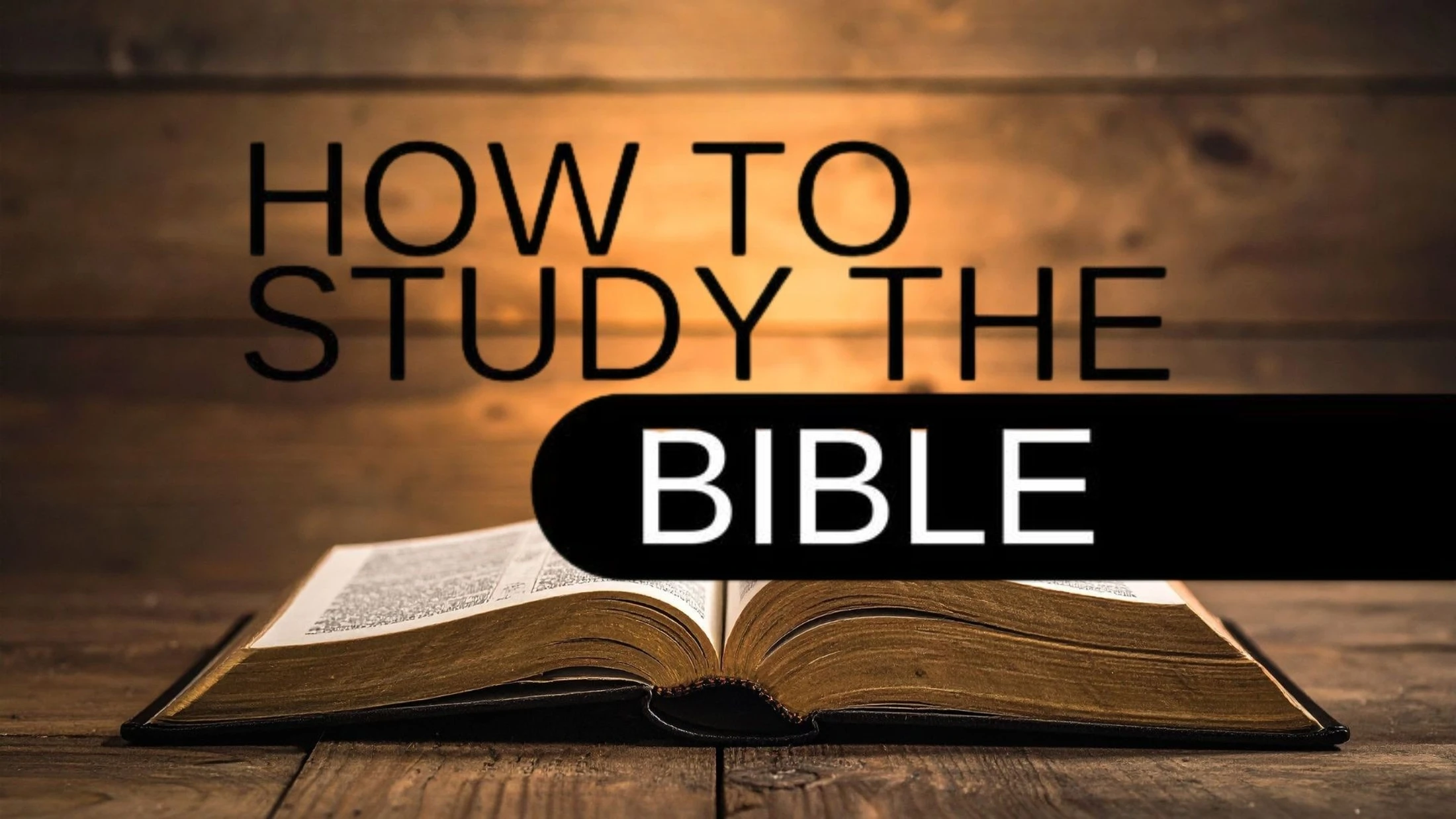An open Bible with gilded pages rests on a rustic wooden table. Text overlay reads 'How to Study the Bible' in a simple, modern font.