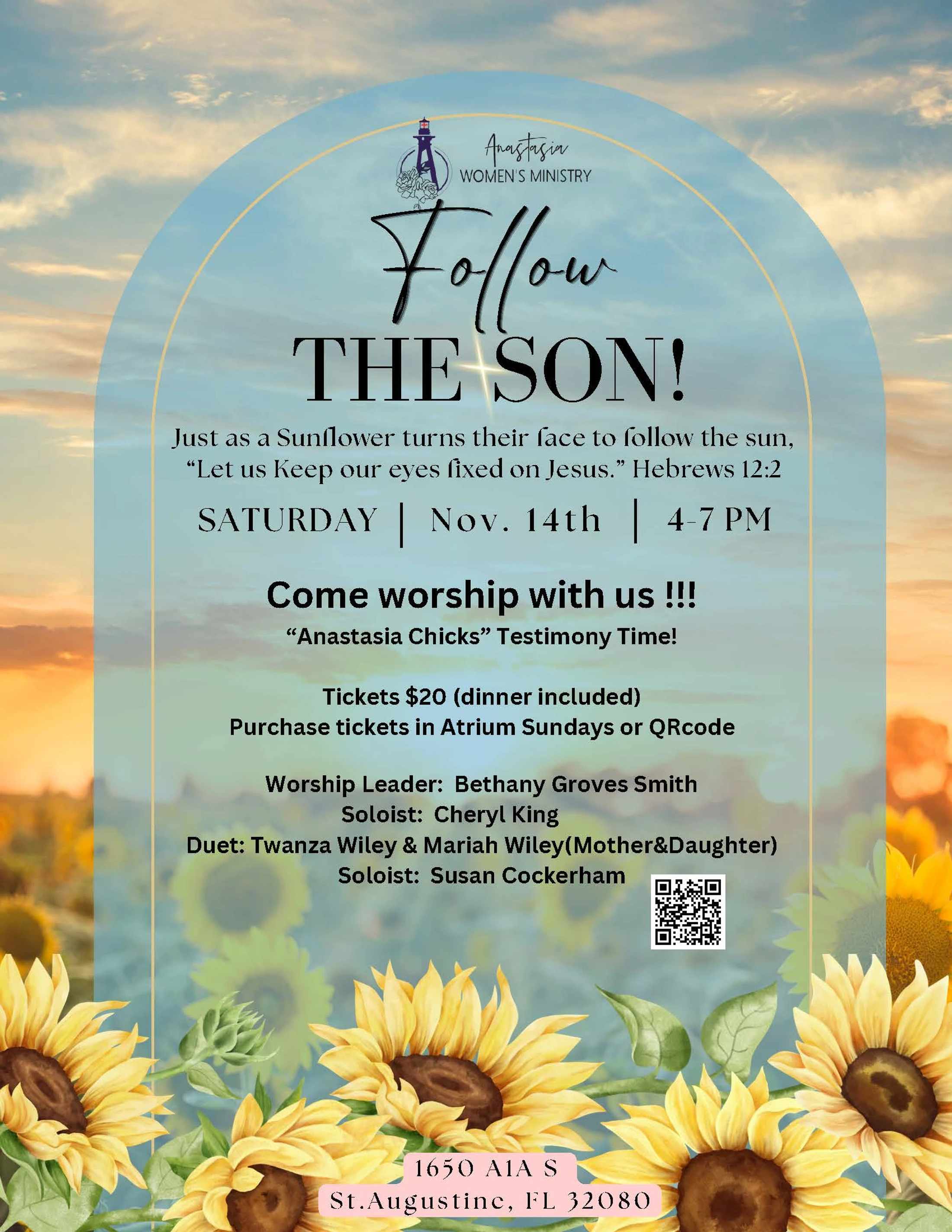Flyer for a women's ministry event called 'Follow THE SON!' on November 14th. The background features a field of sunflowers under a cloudy sunset sky.