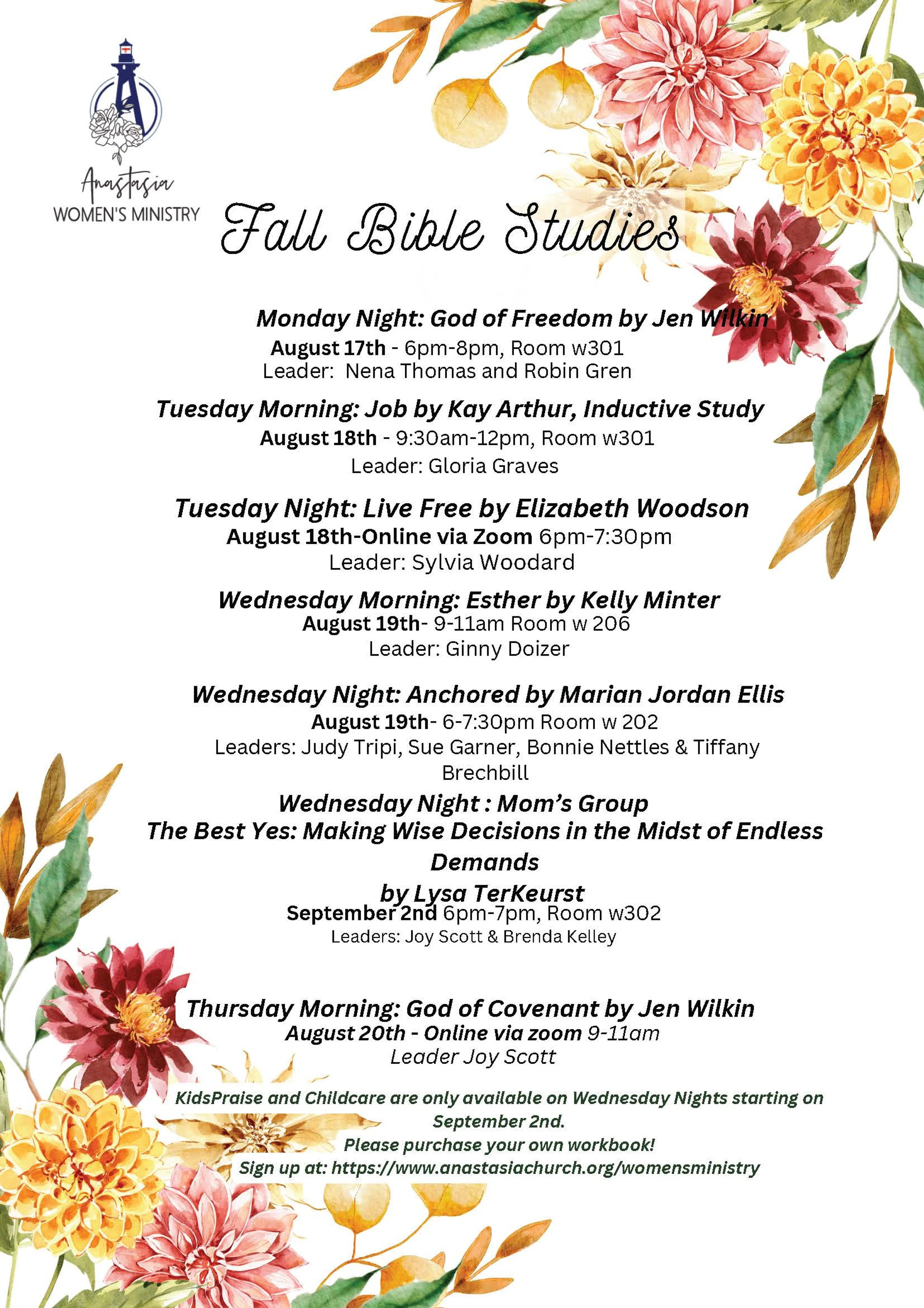 A flyer for Fall Bible Studies with a floral border. The text lists different study groups, including their topics, dates, times, and leaders.