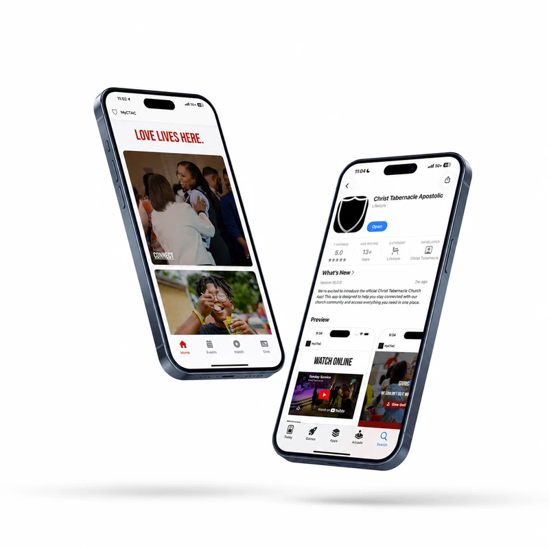 Two floating iPhones displaying the home screen and app store page for the Christ Tabernacle Apostolic church community app against a white background.