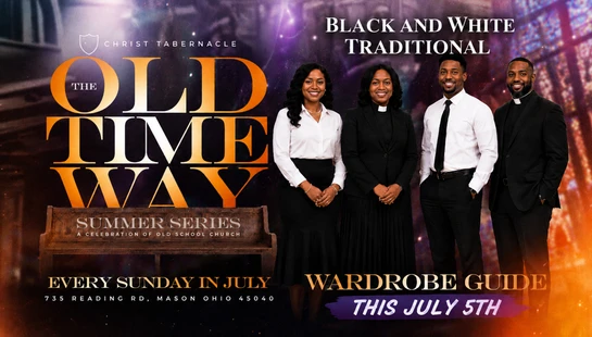 A promotional flyer for a church summer series featuring four smiling African American leaders dressed in black and white traditional attire.