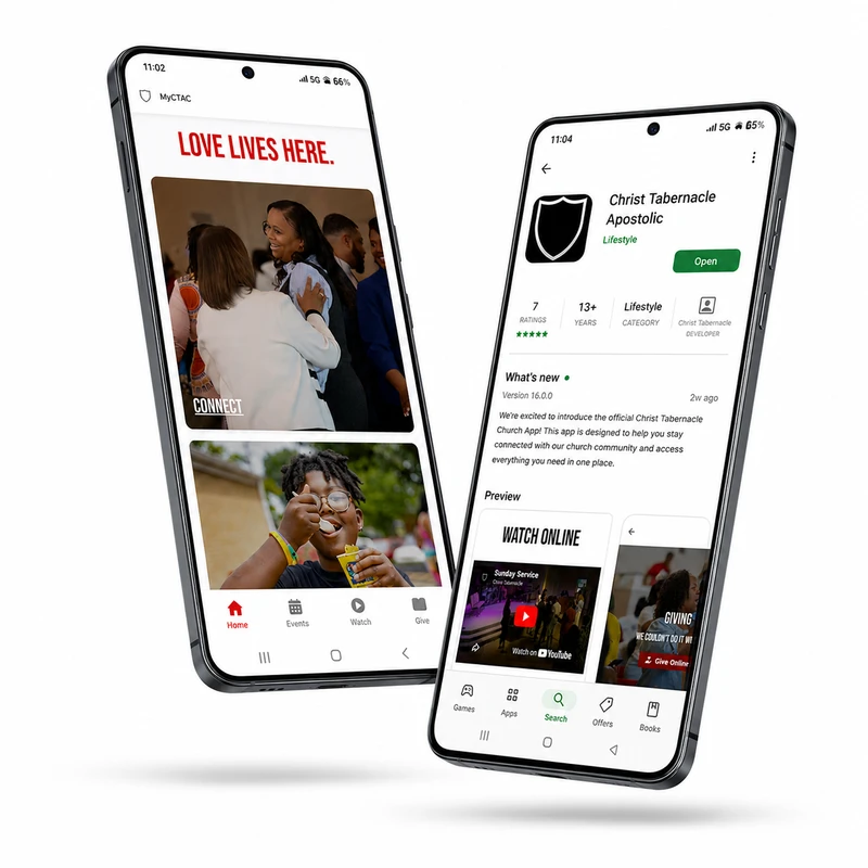 Two floating smartphones displaying the Christ Tabernacle Apostolic app, one showing the home screen and the other showing the app store download page.