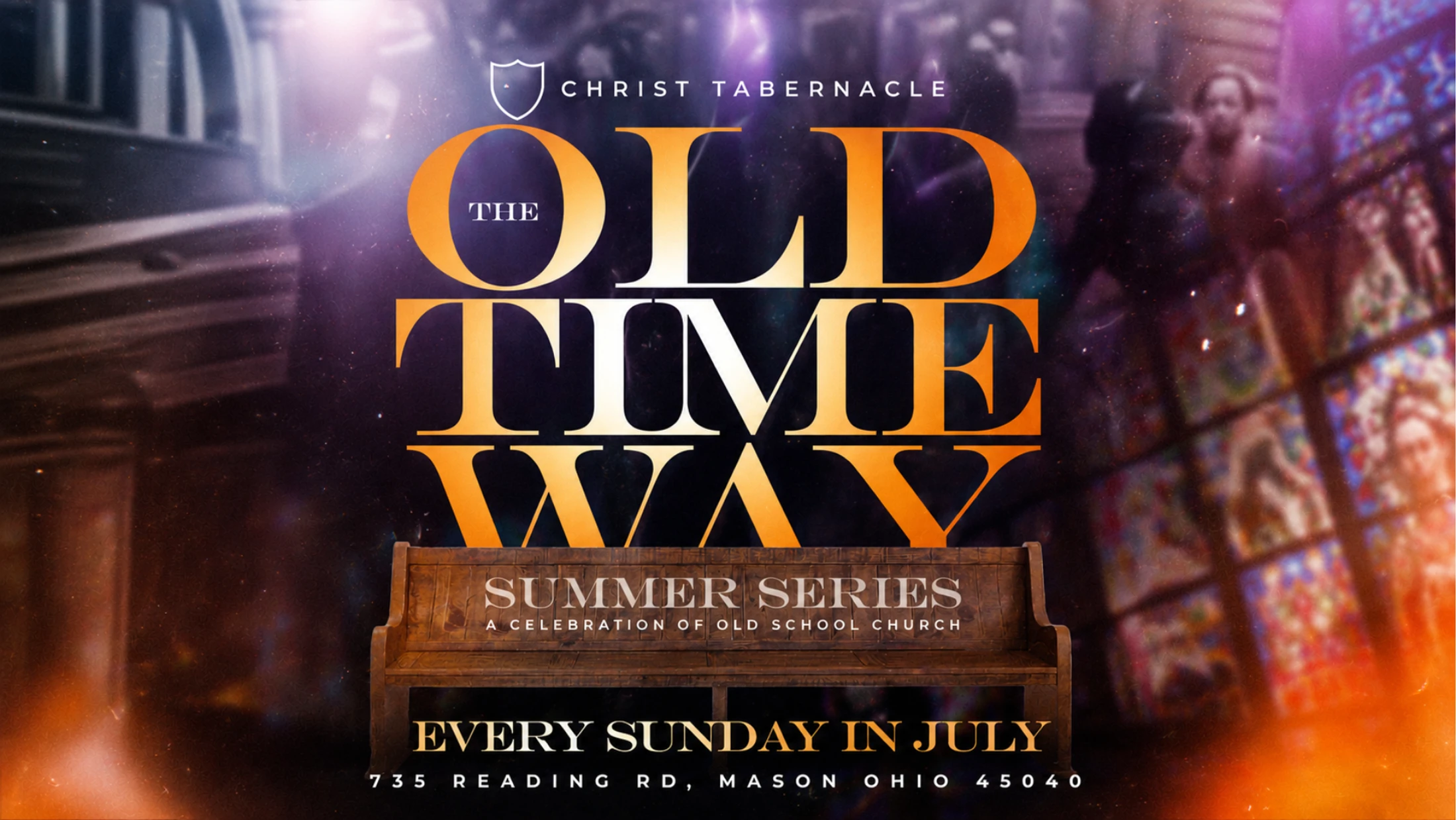 Promotional graphic for a church summer series featuring a wooden pew against a blurred background of stained glass windows and bright lights.