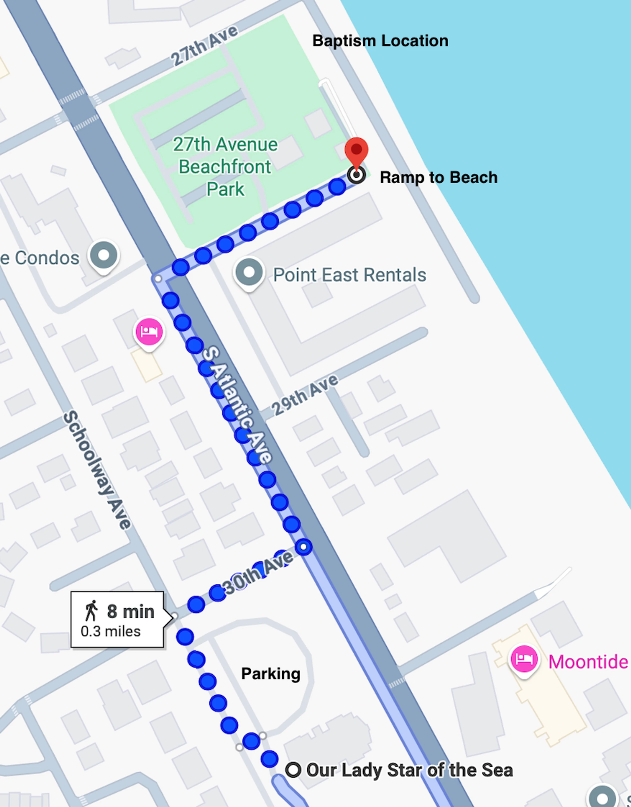 A map showing an 8-minute, 0.3-mile walking route from a parking area to a Baptism Location at the 27th Avenue Beachfront Park.