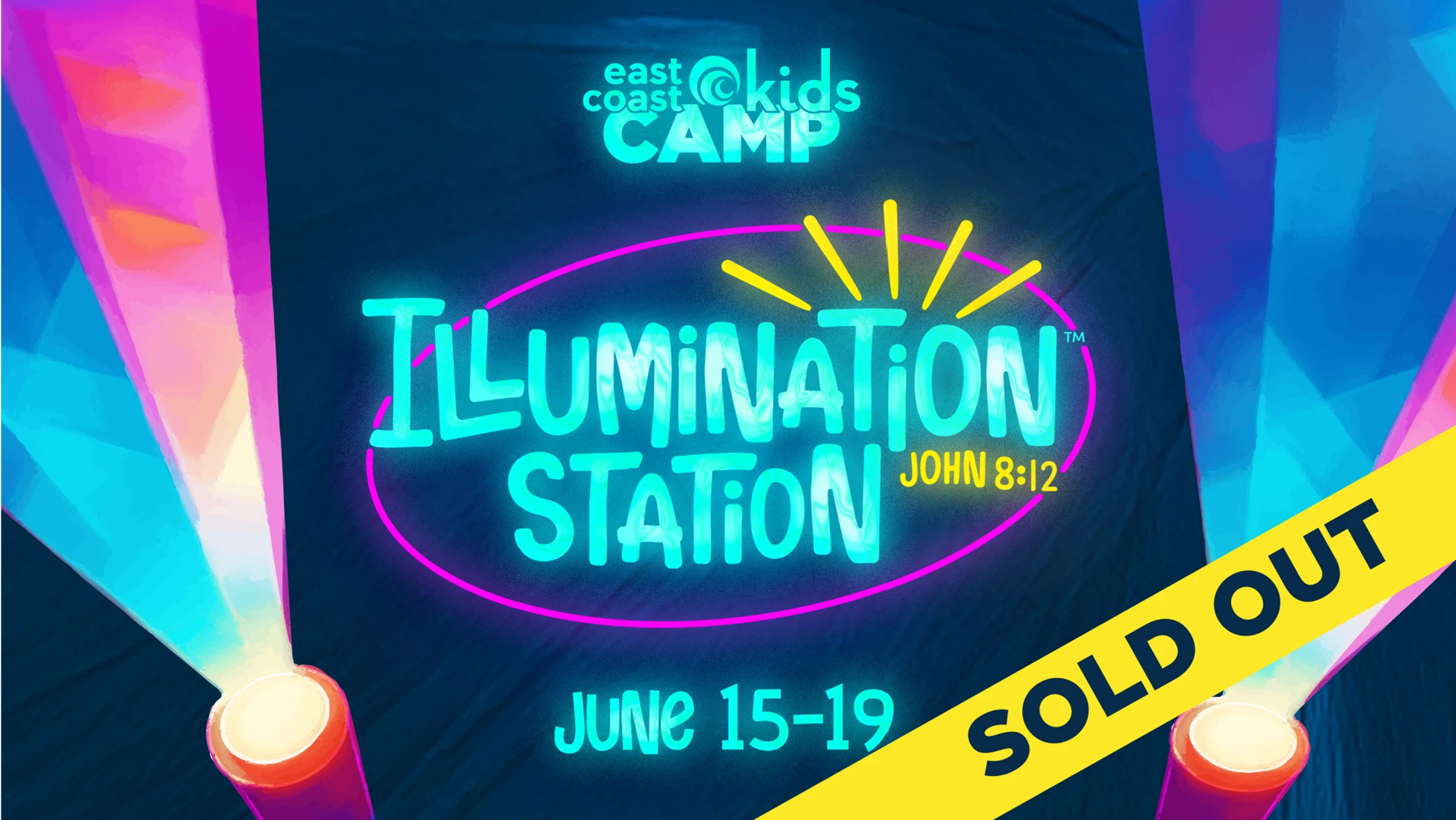 A vibrant promotional graphic for a sold-out kids camp called 'Illumination Station,' featuring neon text and flashlights on a dark blue background.