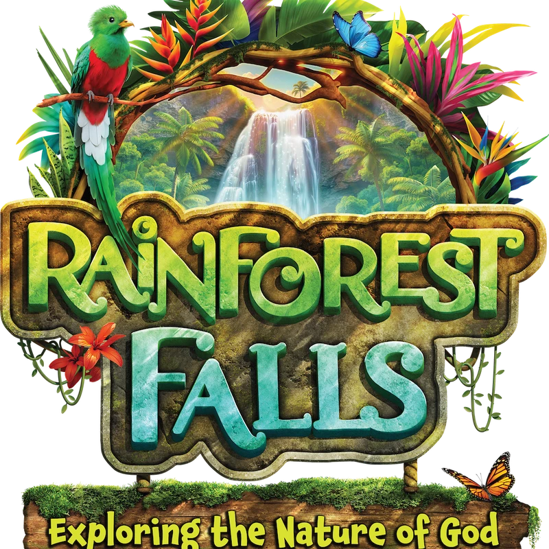 A colorful logo for "Rainforest Falls" with a tropical scene featuring a waterfall, a quetzal bird, butterflies, and vibrant flowers.