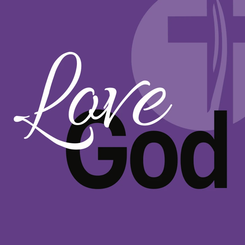 The words 'Love God' on a purple background. 'Love' is in white script and 'God' is in black block letters. A faint cross is in the background.