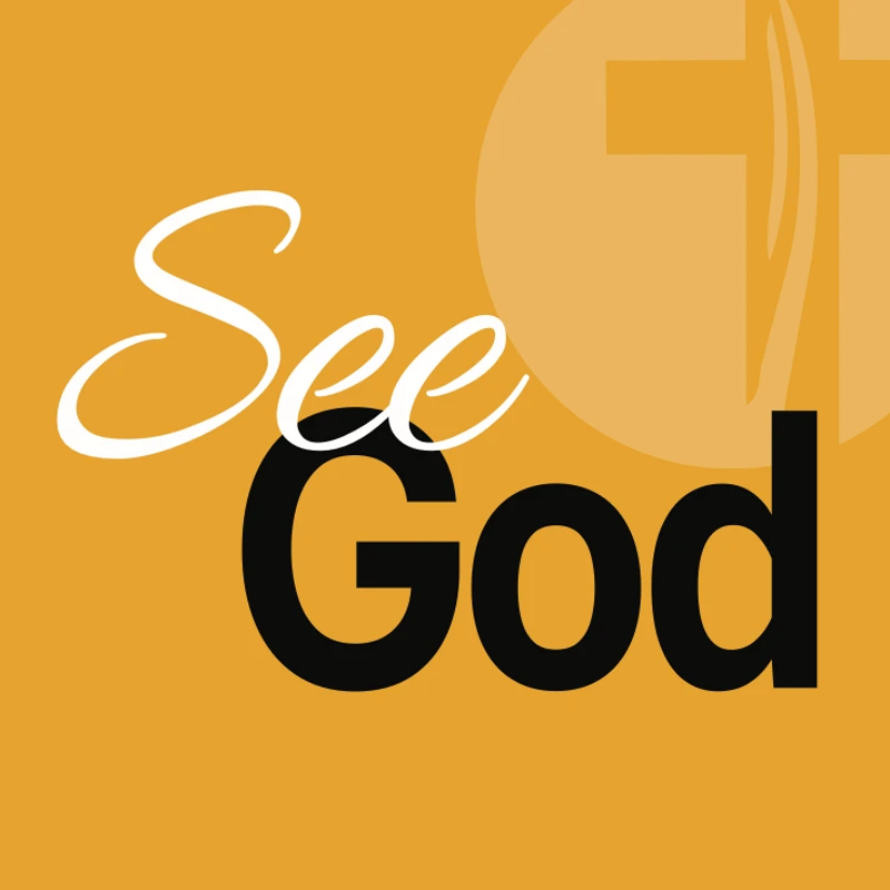 A graphic on an orange background with the words 'See God'. 'See' is in white cursive and 'God' is in bold black, with a faded cross behind the text.