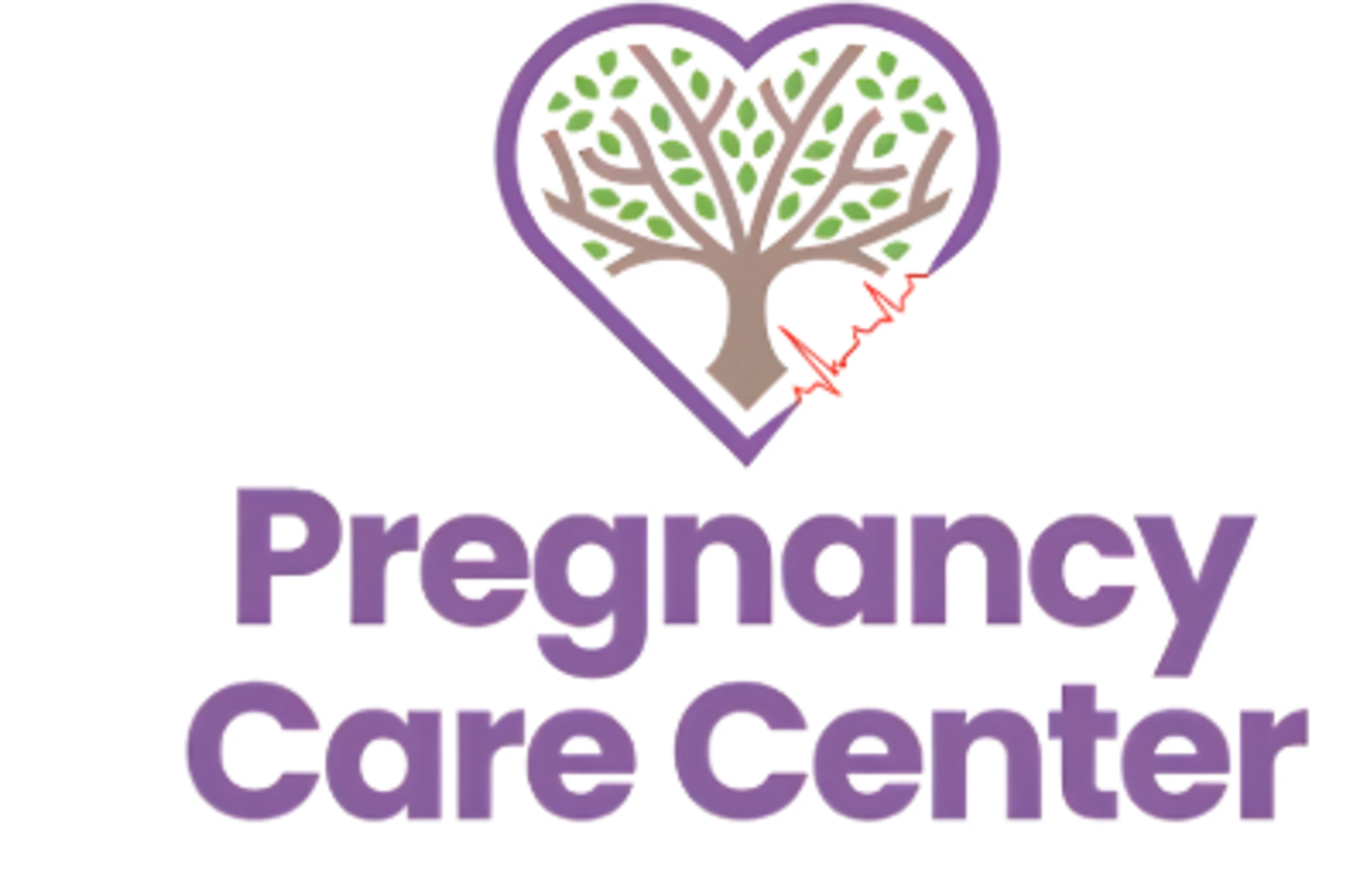 The logo for the Pregnancy Care Center, featuring a tree inside a purple heart with a red heartbeat line. The name is written below in purple.