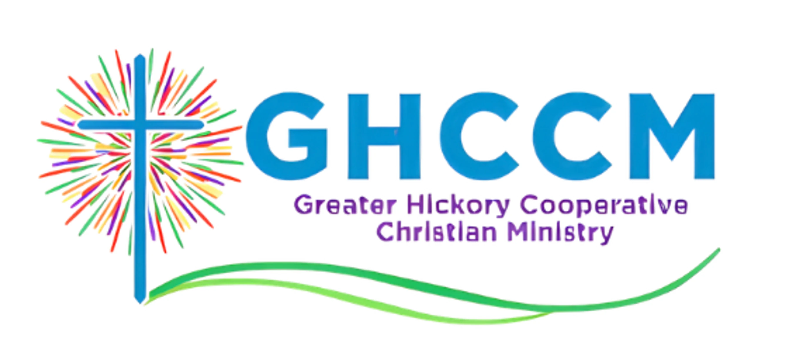 The logo for the Greater Hickory Cooperative Christian Ministry, featuring a blue cross with a colorful sunburst behind it and the acronym GHCCM in blue.