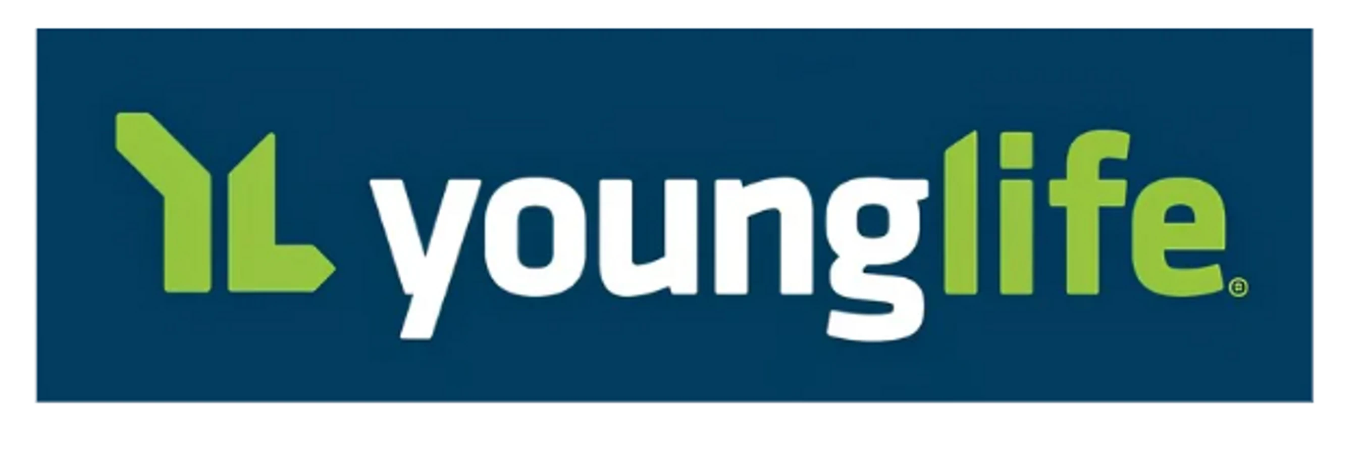 The Young Life logo features a green stylized 'YL' symbol next to the word 'younglife' in white and green text, all on a dark blue background.