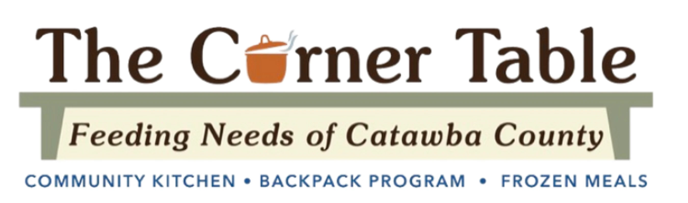 Logo for The Corner Table, a charity with the tagline 'Feeding Needs of Catawba County,' offering a community kitchen, backpack program, and frozen meals.