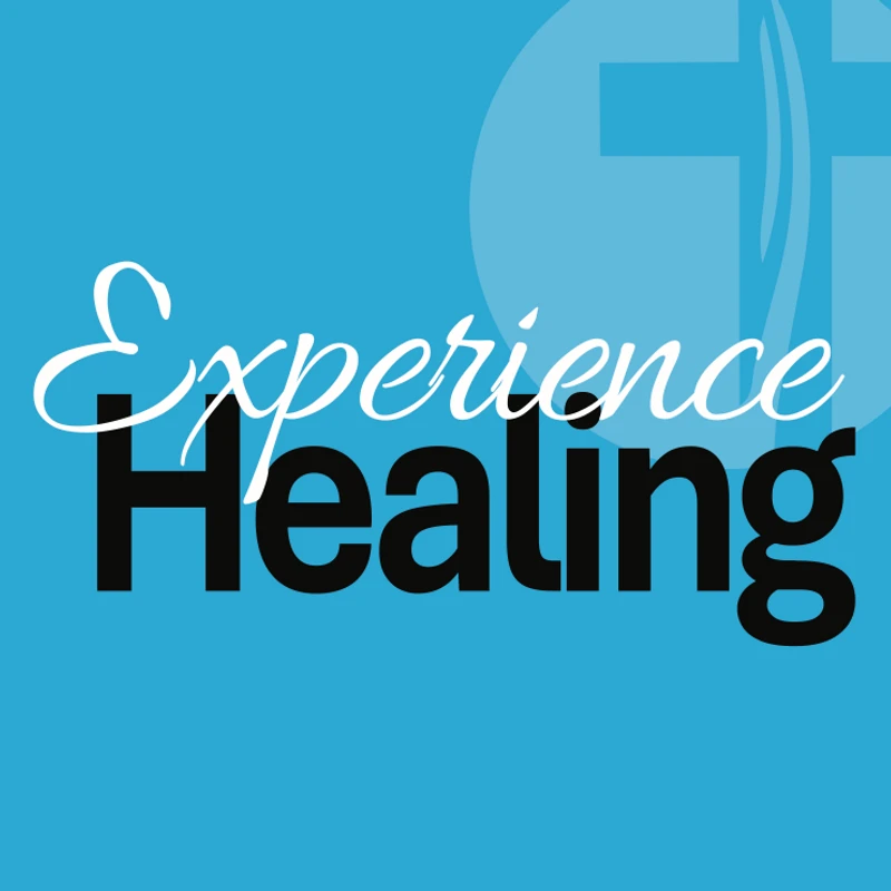 A graphic on a blue background with the words 'Experience Healing'. The word 'Experience' is in white script, and 'Healing' is in bold black font.