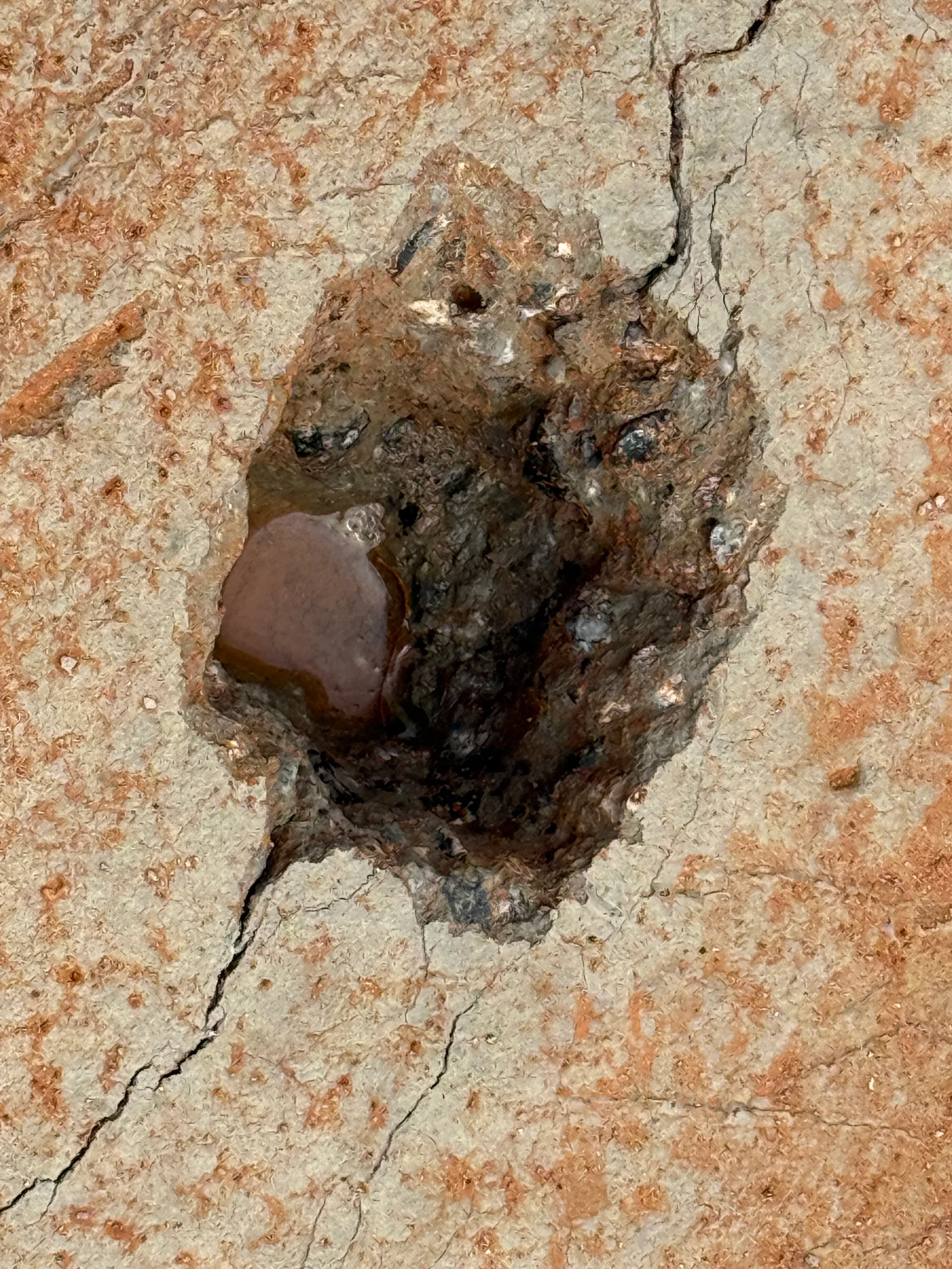 A top-down view of a cracked, rust-colored concrete surface. In the center is a deep, jagged hole containing a small puddle of water and a smooth stone.
