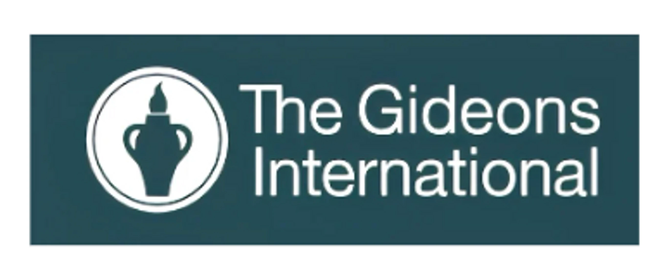 The logo for The Gideons International, featuring an emblem of a pitcher with a flame, next to the organization's name on a dark teal background.