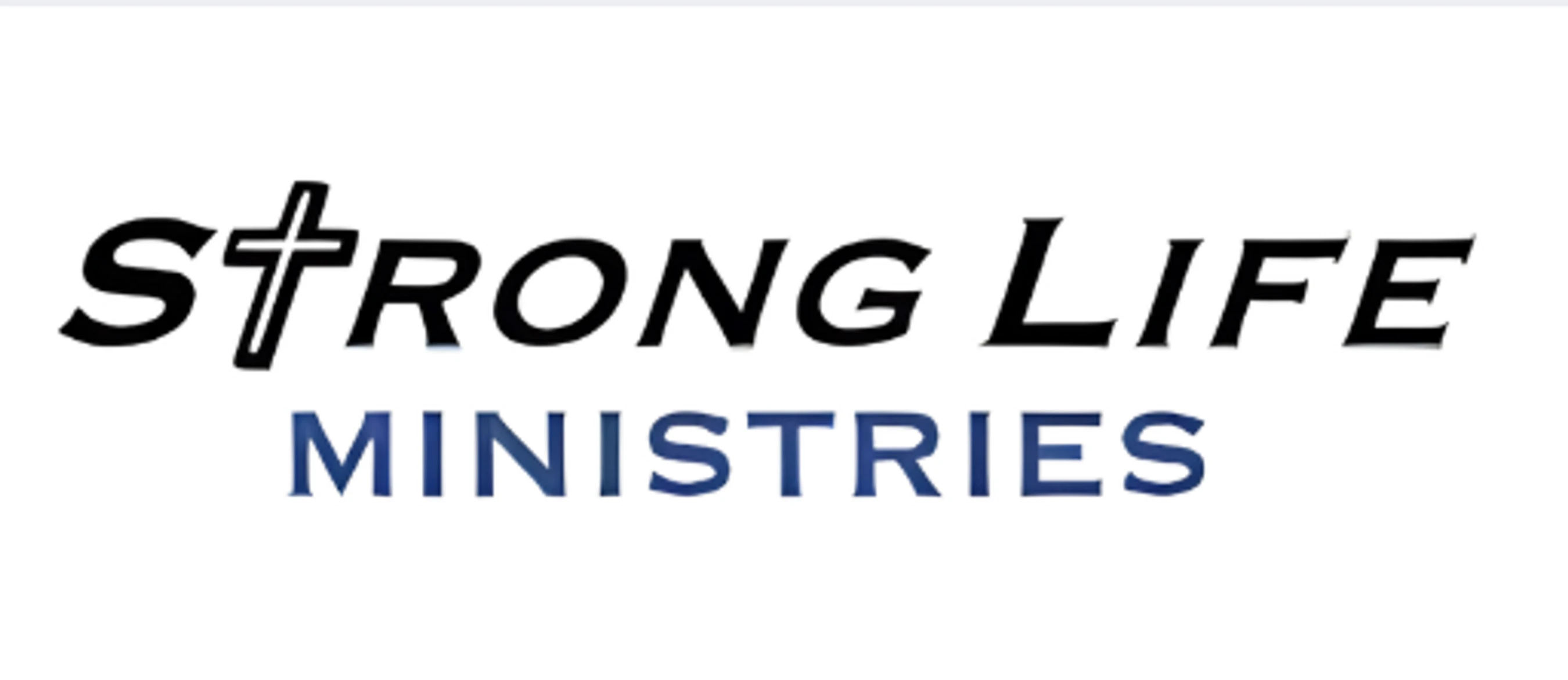 The logo for Strong Life Ministries. The 't' in Strong is a cross symbol. The text is in black italics, with the word 'MINISTRIES' in blue below.