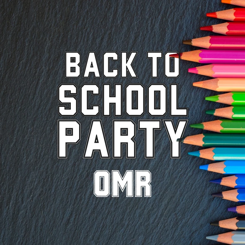 A graphic for a 'Back to School Party OMR' with the text over a dark slate background next to a row of sharpened, colorful pencils.