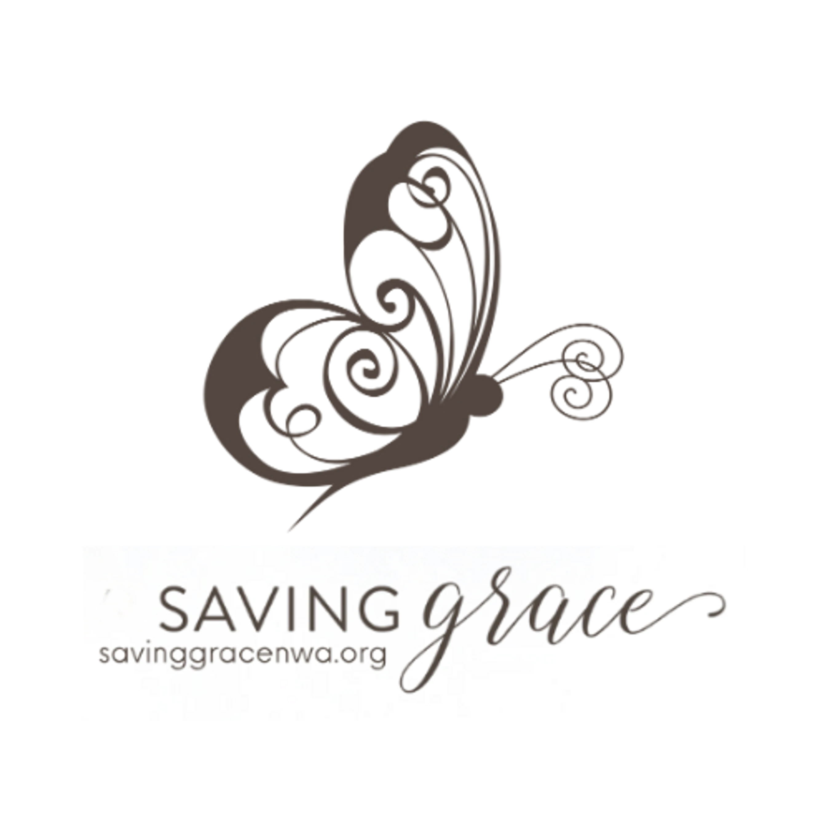The logo for Saving Grace, featuring a stylized brown butterfly with swirling patterns above the words 'SAVING grace' and the URL 'savinggracenwa.org'.
