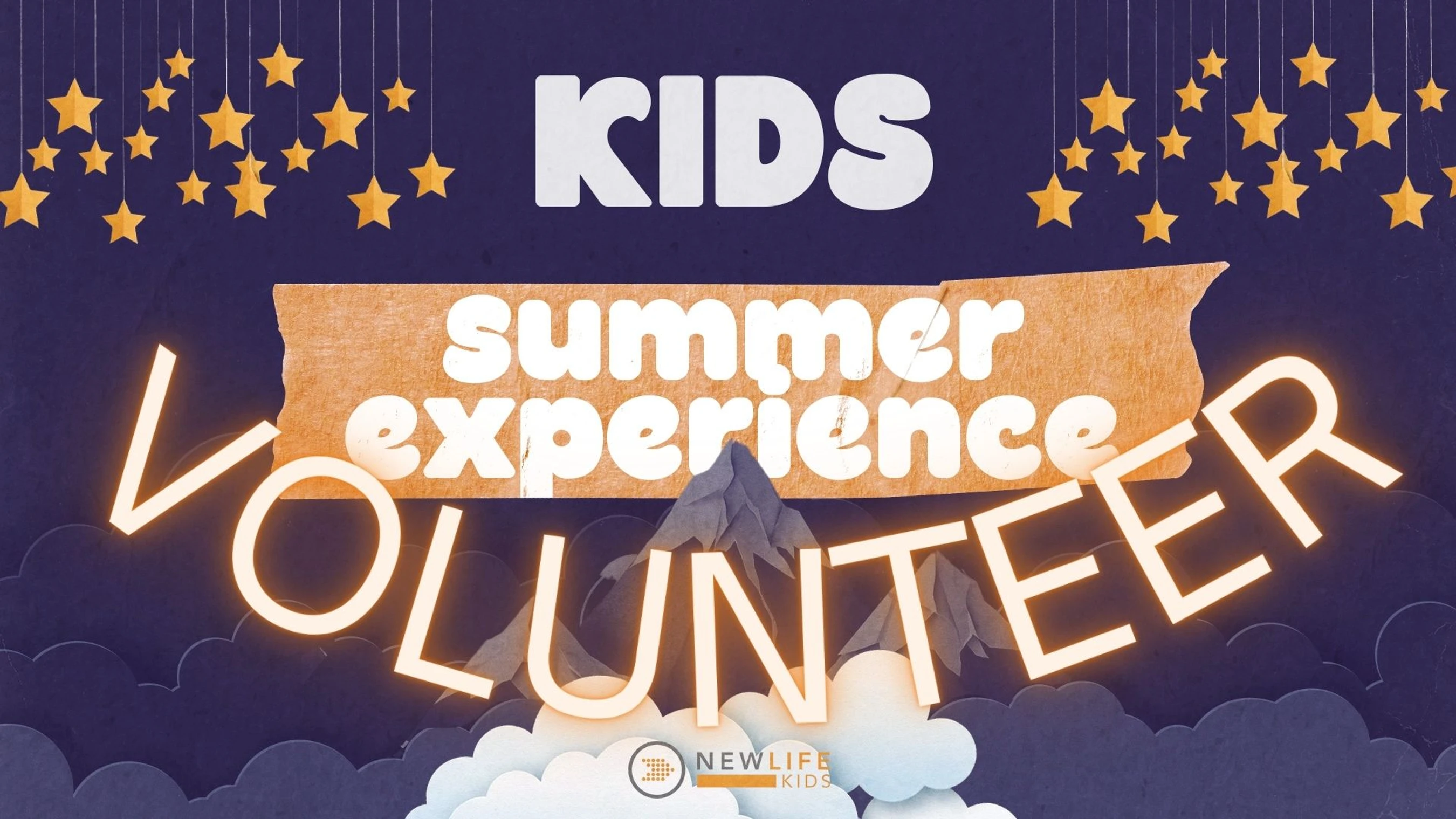 A graphic asking for volunteers for a kids summer experience. It features a night sky with paper-cut style stars, mountains, and clouds with glowing text.