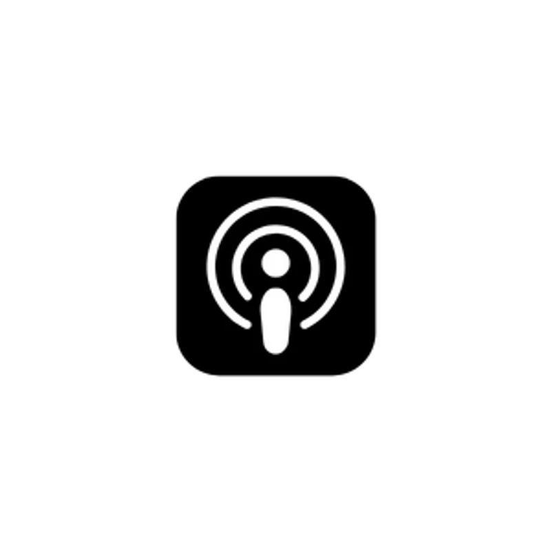 A simple black and white icon for podcasts, showing a stylized broadcast signal inside a black rounded square on a white background.