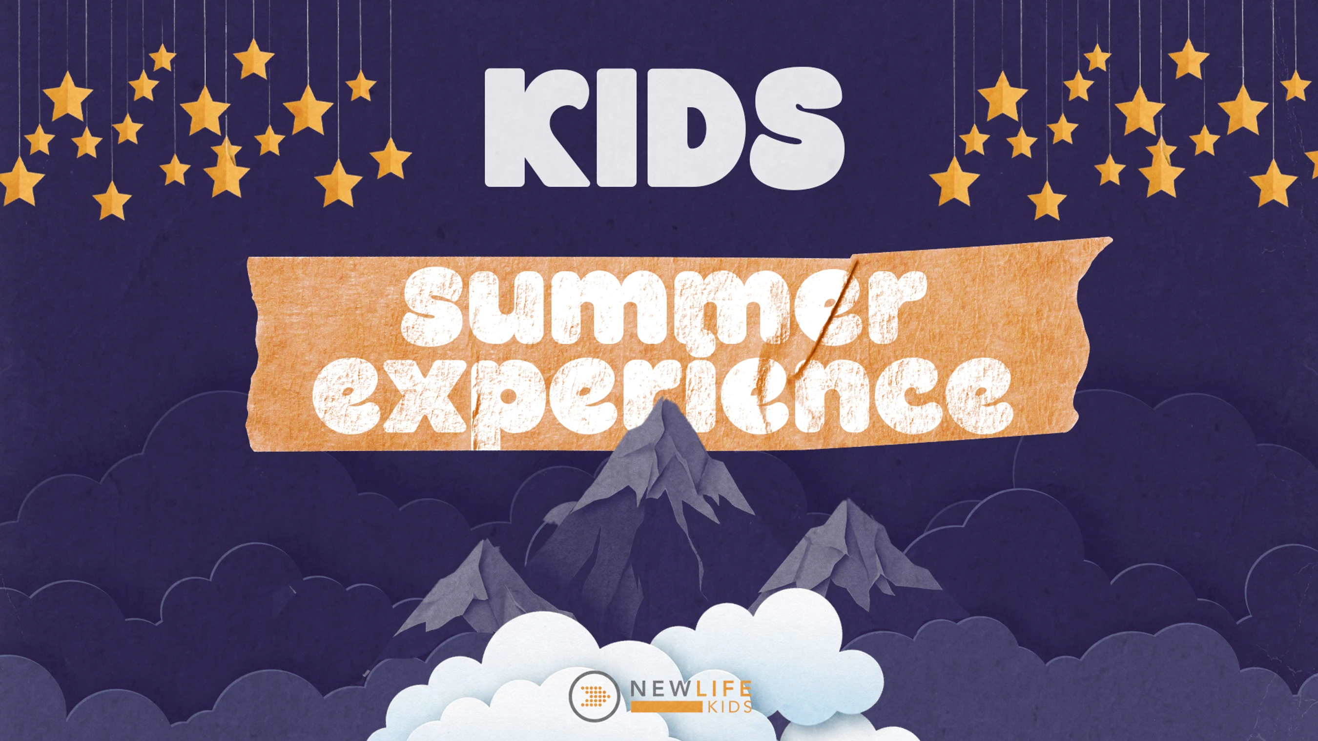 A graphic for a Kids Summer Experience event, featuring paper cutout stars, mountains, and clouds against a dark purple night sky with the Newlife Kids logo.