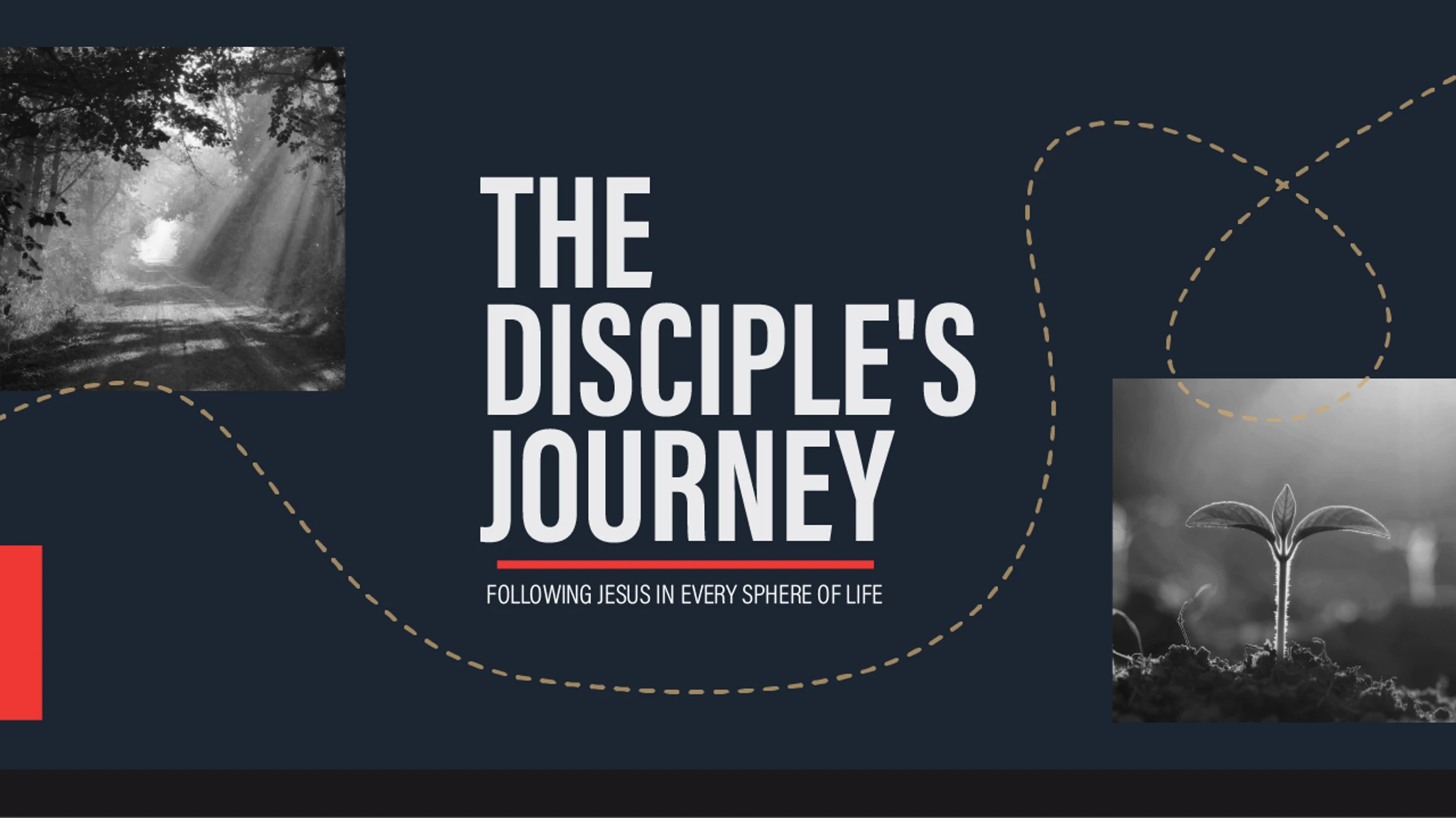 A title graphic for "The Disciple's Journey." It features black and white images of a sunlit path and a sprouting seedling to symbolize spiritual growth.