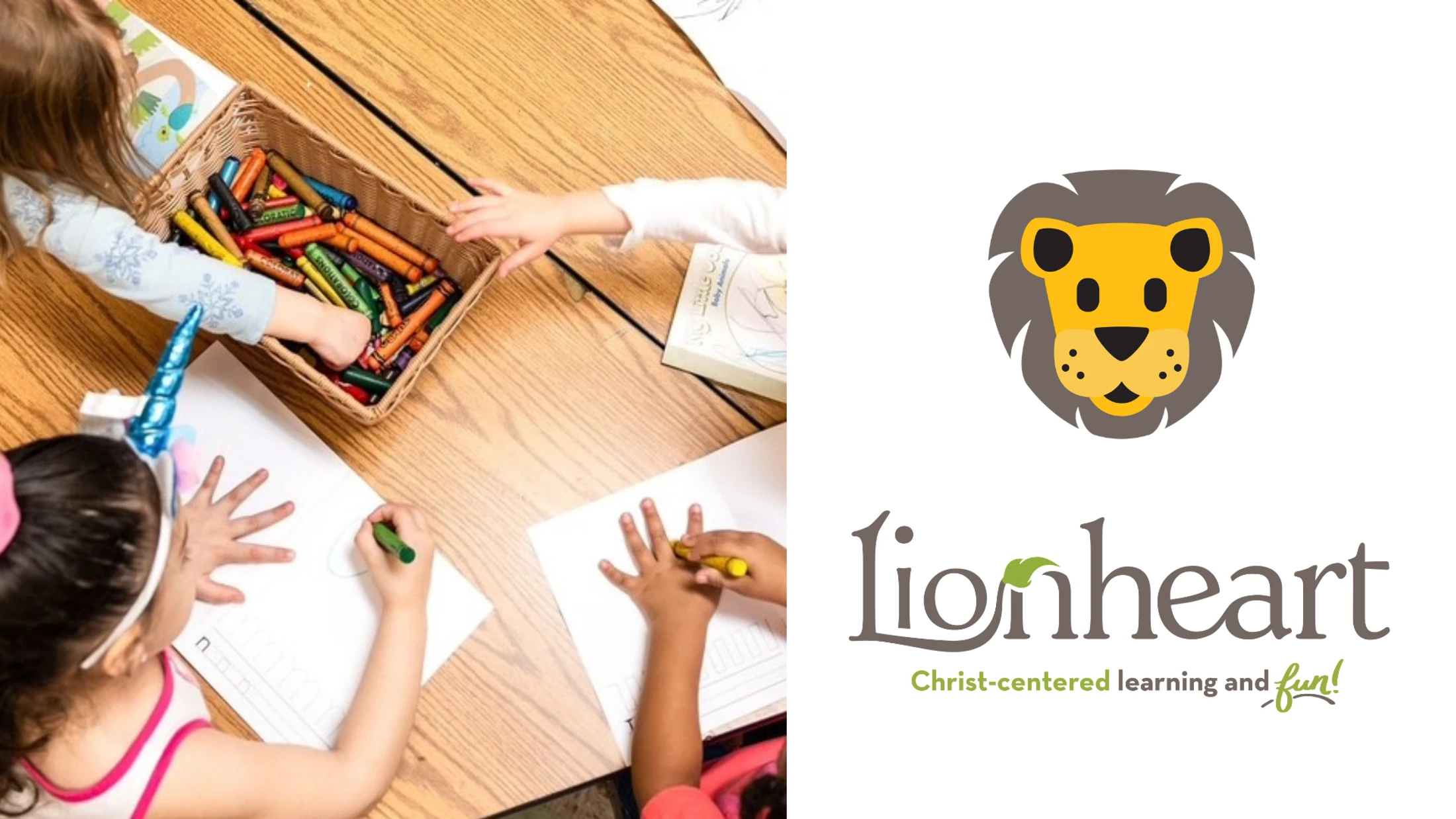 A split image with children coloring at a table on the left, and the Lionheart logo, featuring a lion's head, on the right.
